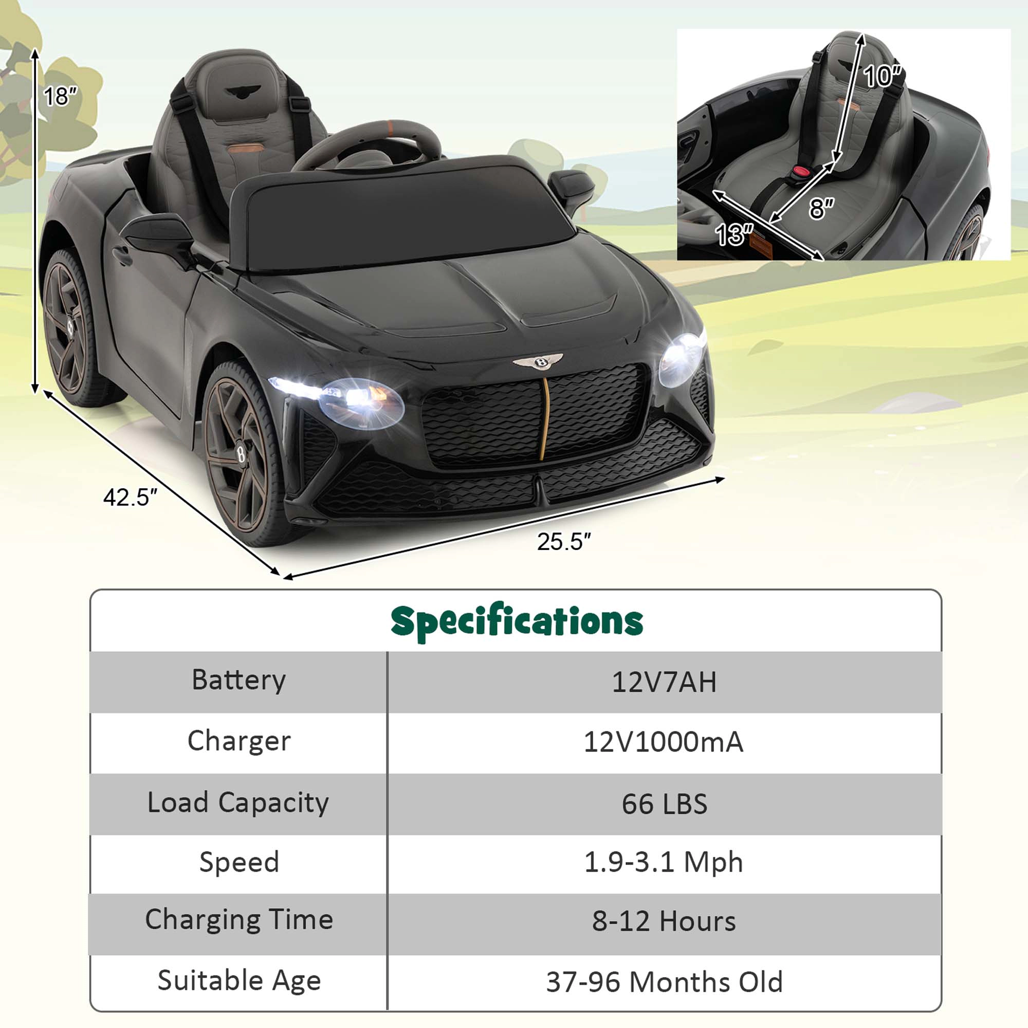 Costway 12V Licensed Bentley Bacalar Kids Electric Ride-on Car with Remote Control White