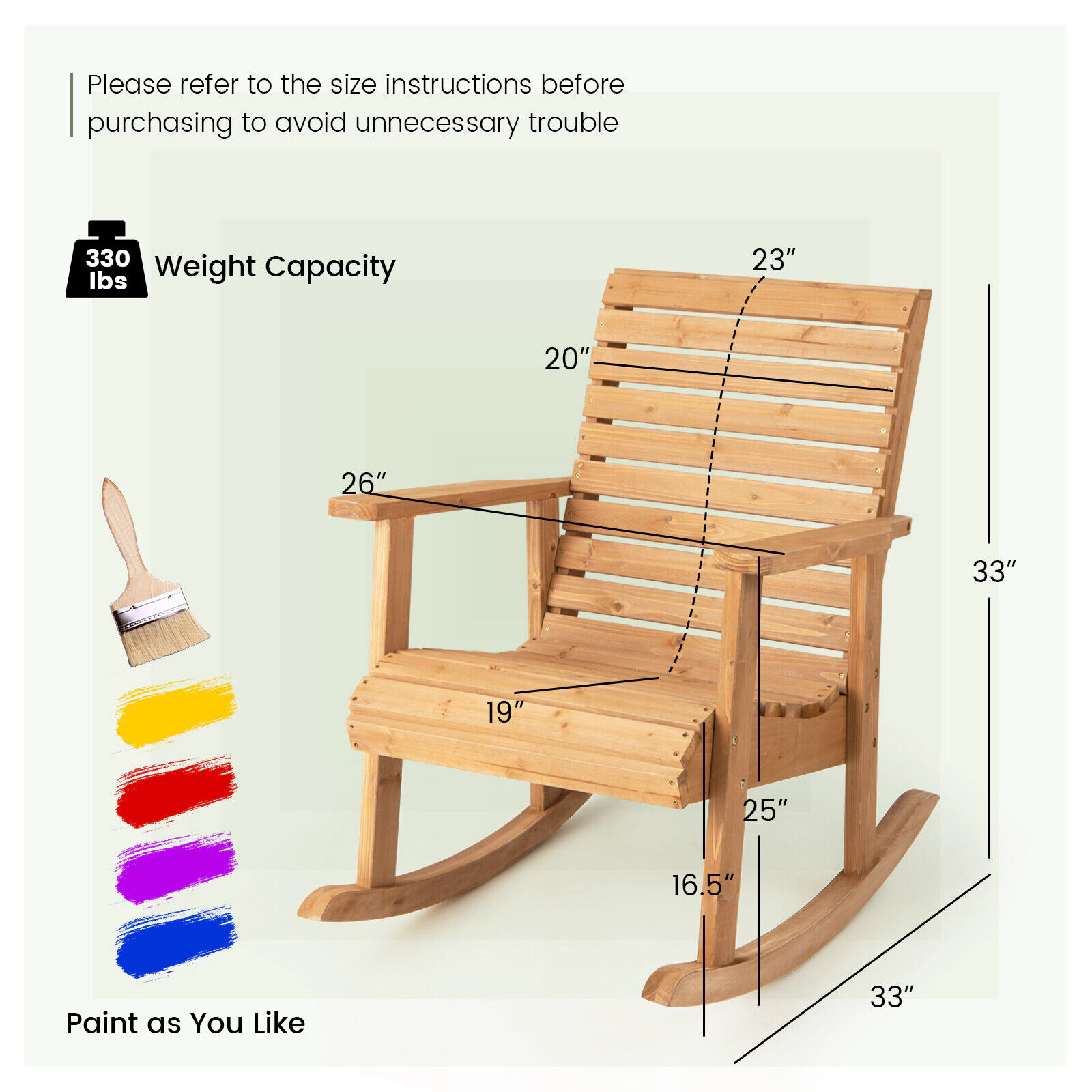 SUGIFT Solid Fir Wood Outdoor Rocking Chair, 330 lb Capacity, High Backrest and Wide Armrests