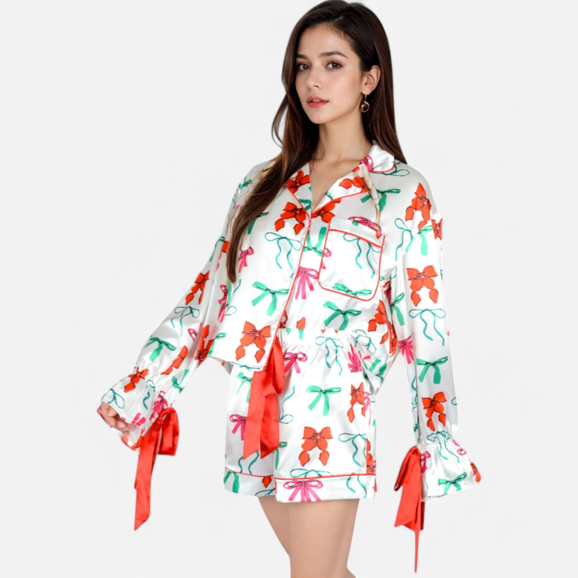 Anna-Kaci Women's Holiday Bow Print Pajama Set with Ribbon Tie Details and Button Up Top