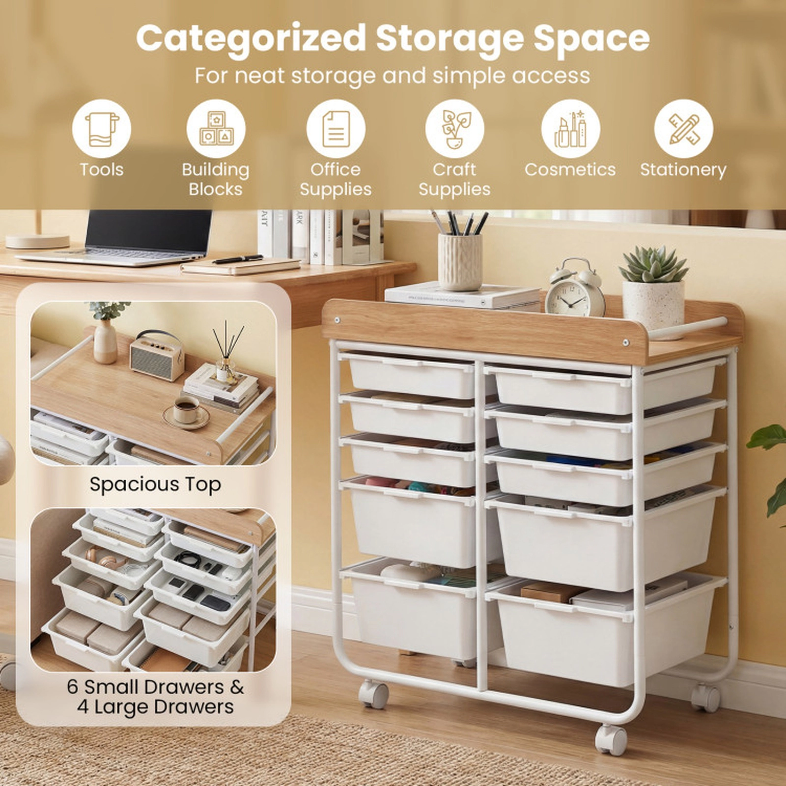SUGIFT 10-Drawer Rolling Storage Cart with MDF Tabletop 75-lb Capacity 25.5-in Wide Natural and White