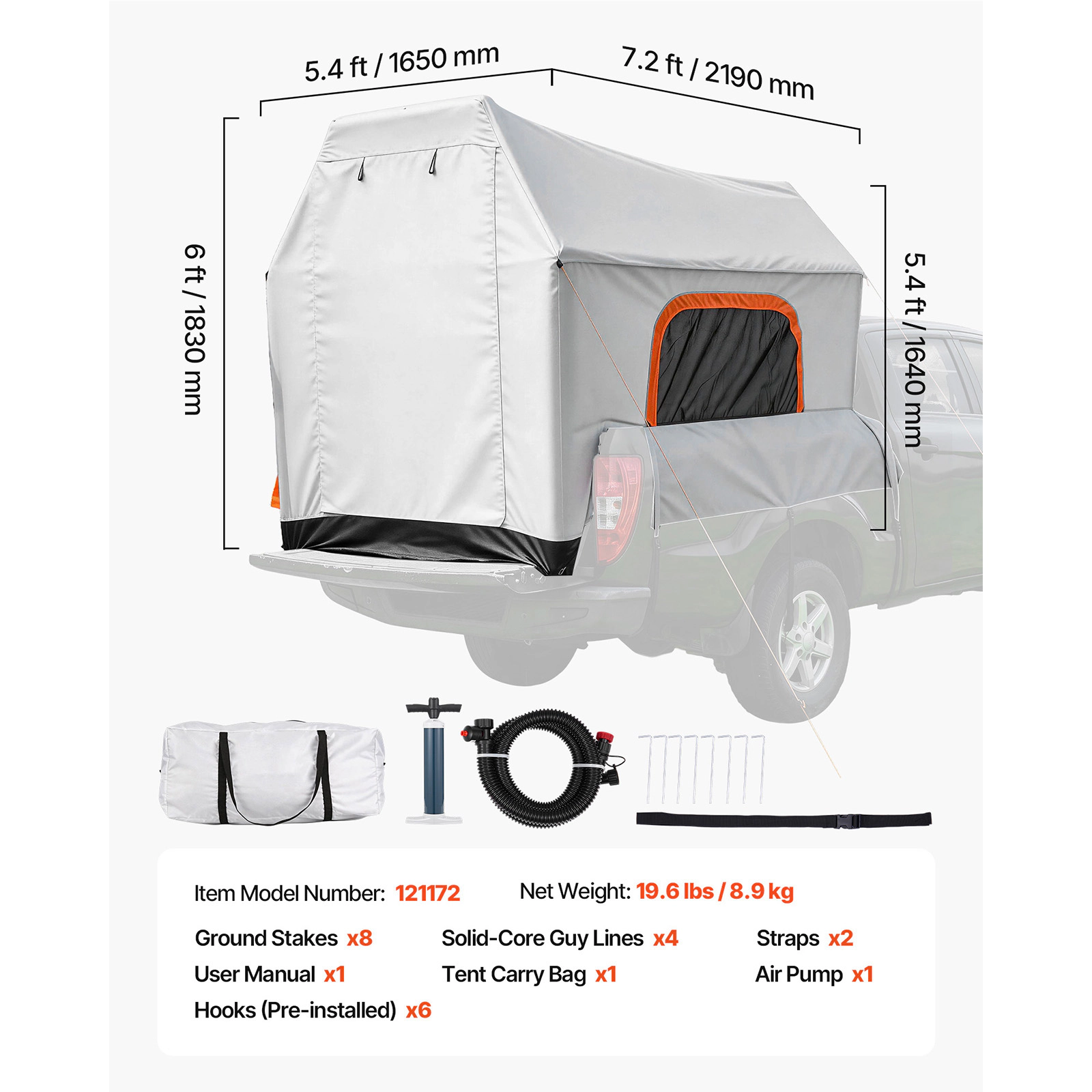 HONGGE Inflatable Truck Bed Tent, 7.2x5.4 ft PU2000 Waterproof Camping Tent for 2-3 Person, with Air Pump & Mesh Windows