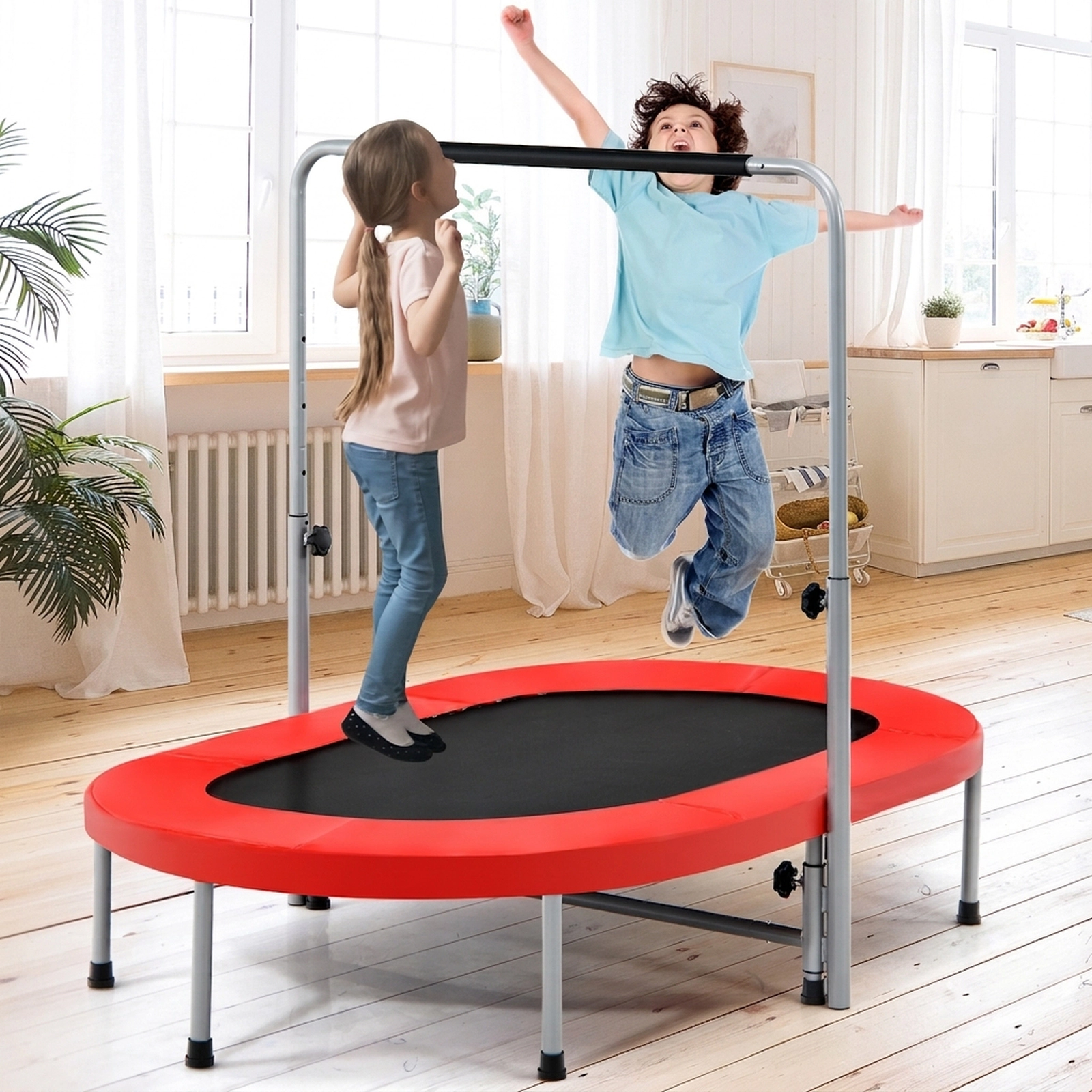 2-Person Folding Rebounder Trampoline Adjustable Foam Handle 36-in to 52-in 5 Levels 330-lb 40 Springs Red