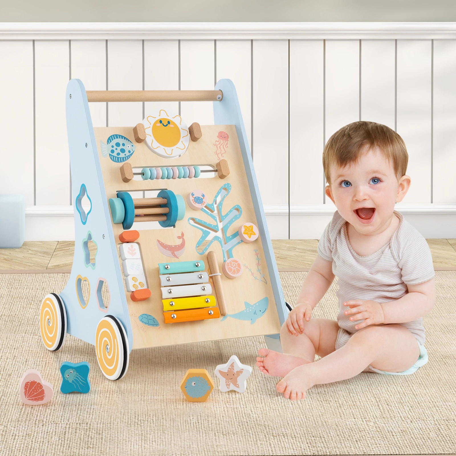 SUGIFT Blue Wheels Wooden Baby Walker 8-in-1 Push and Pull Learning Activity Center