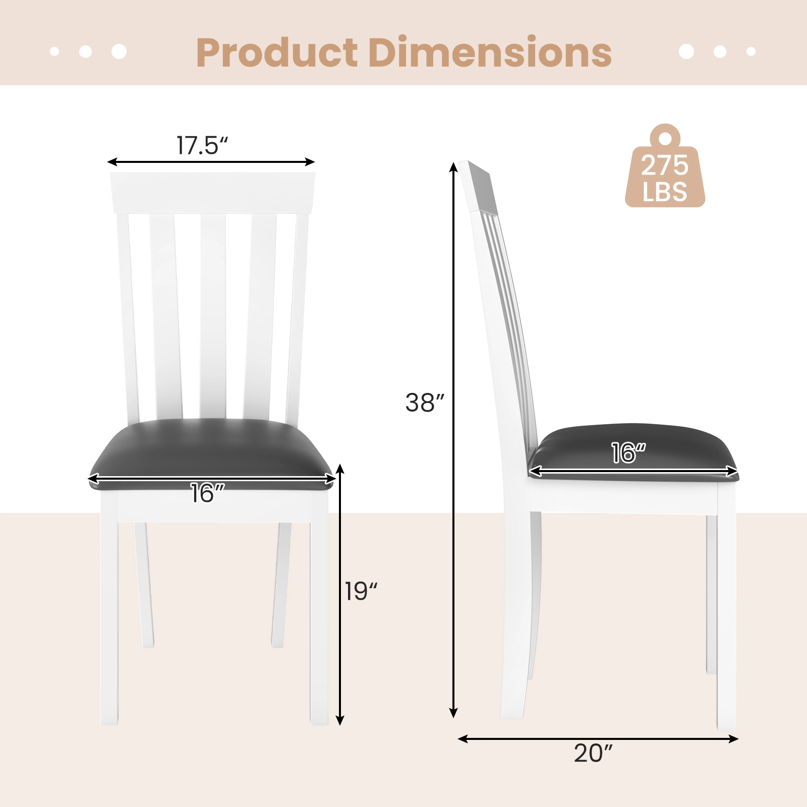 SUGIFT Set of 2 White Upholstered Dining Chairs, Padded Slat Back