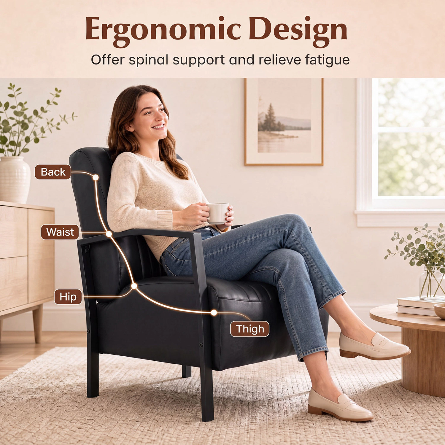 LJG PU Leather Upholstered Armchair with Padded Seat and Back Comfy Lounge Reading Chair