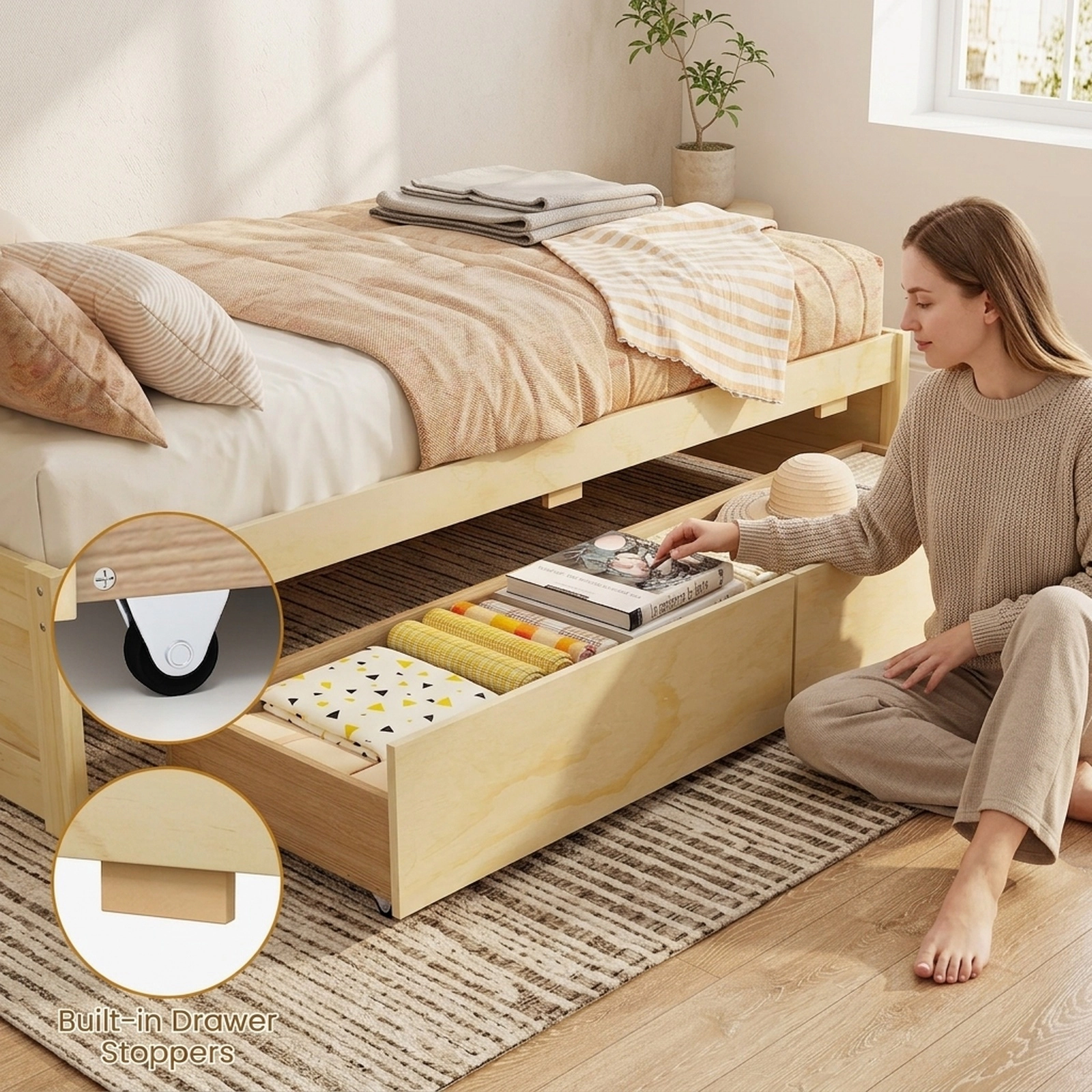 Full Size Wooden Bed Frame with 2 Rolling Storage Drawers Low Profile Platform Bed with 8 Plywood Slats Natural