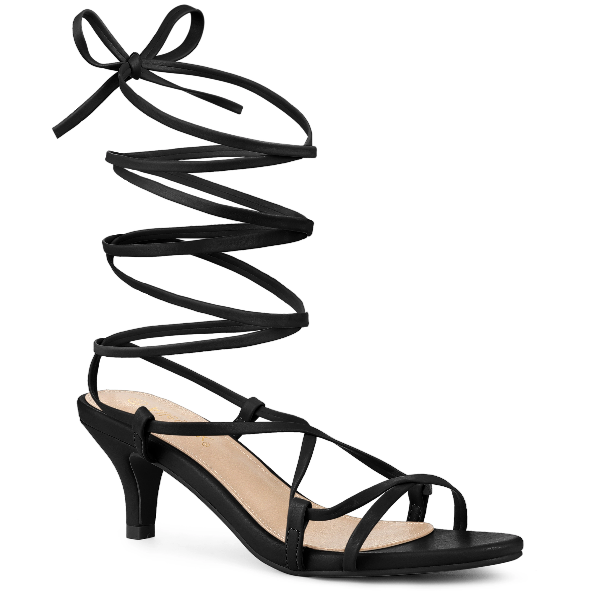 BLISSFUL STEP Women's Faux Leather Strappy Lace Up Open Toe Kitten Heels Sandals