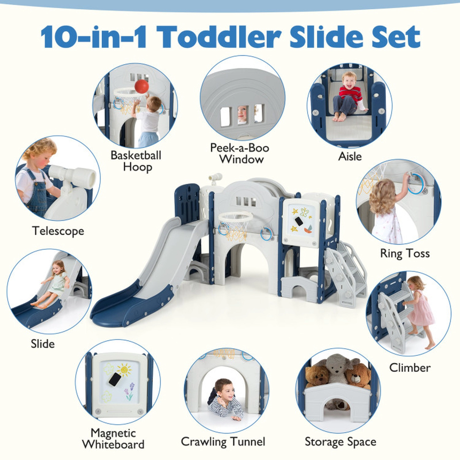 SUGIFT 10-in-1 Toddler Slide and Climber Playset with 60-in Slide Ages 3+ Multicolor