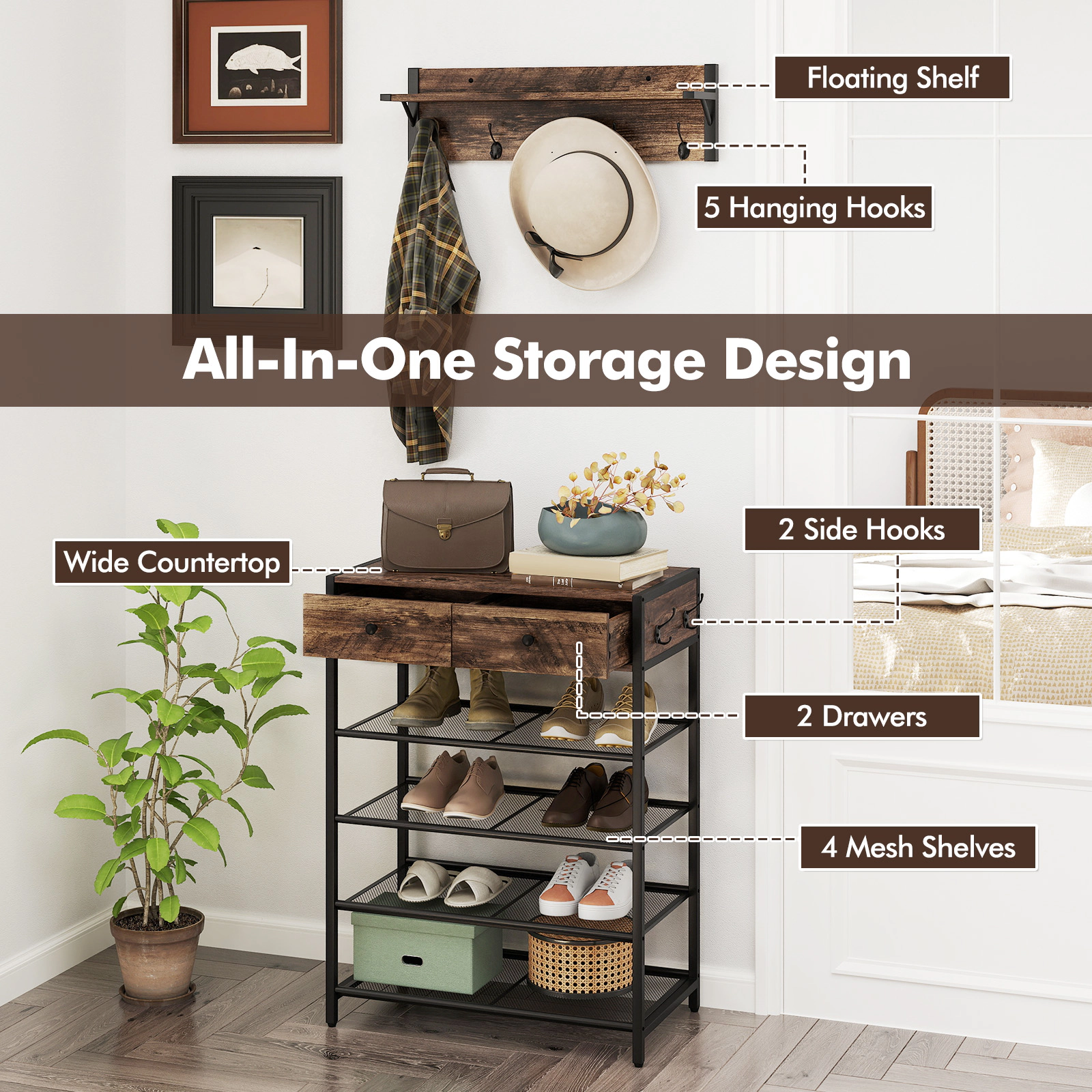 SUGIFT Brown Wall Mounted Coat Hanger 5-Tier Coat Rack and Shoe Stand Set Shoe Rack