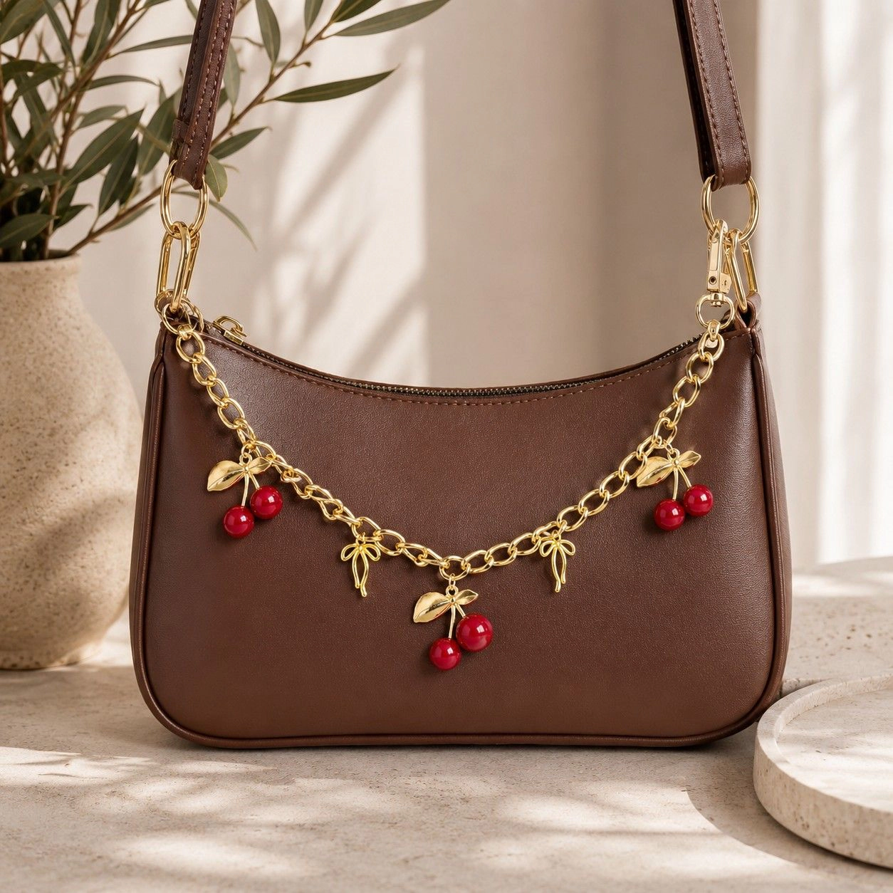 Alilang Women's Cherry Charm Decorative Bag Chain with Double Clasps and Gold-Tone Hardware, Branch Charms