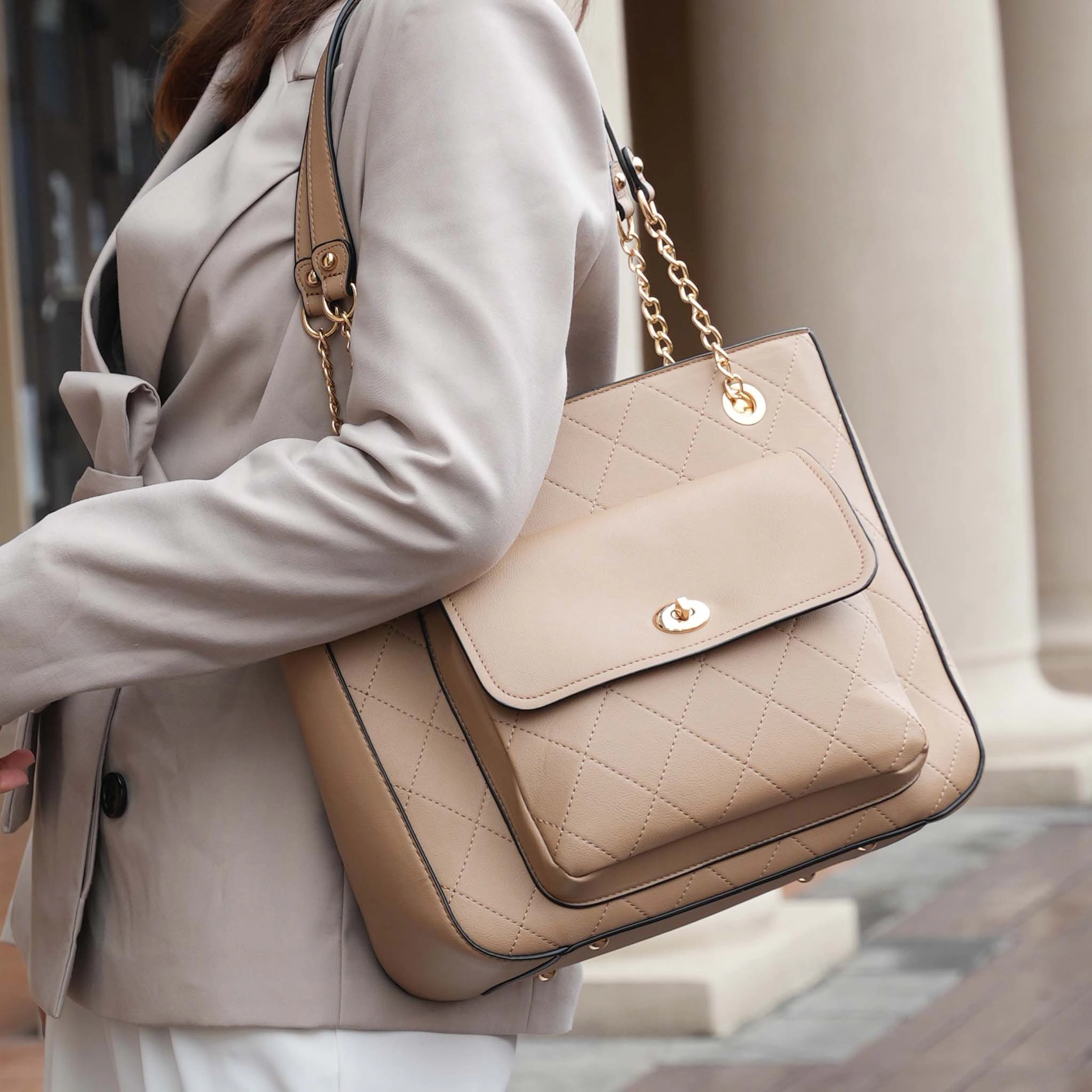 Mia K Collection Jenna Quilted Vegan Leather Shoulder Bag with Matching Wallet