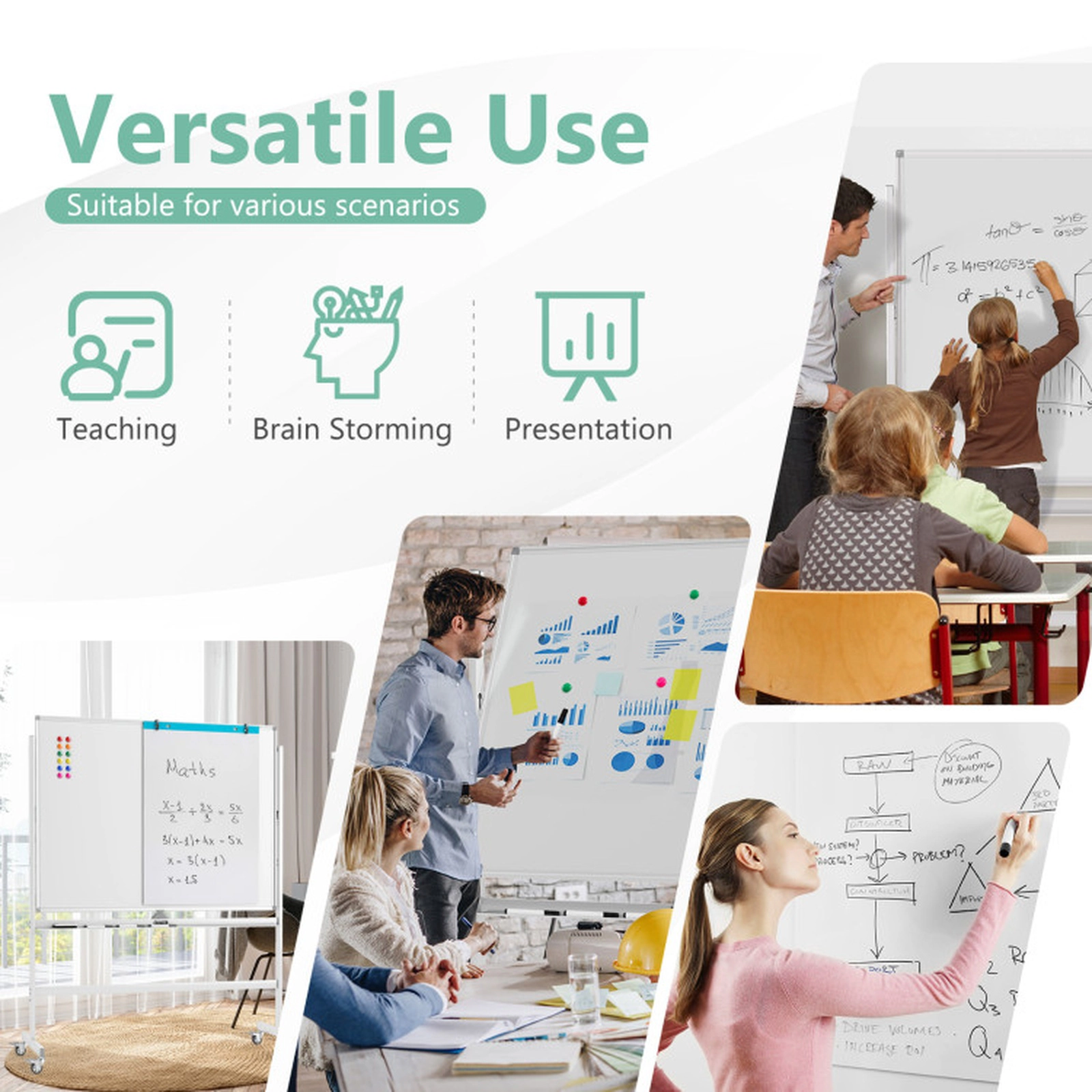 SUGIFT 48-in x 36-in Double-Sided Magnetic Dry Erase Board Rolling Whiteboard 50-in x 21.5-in x 63-in 2 Heights White
