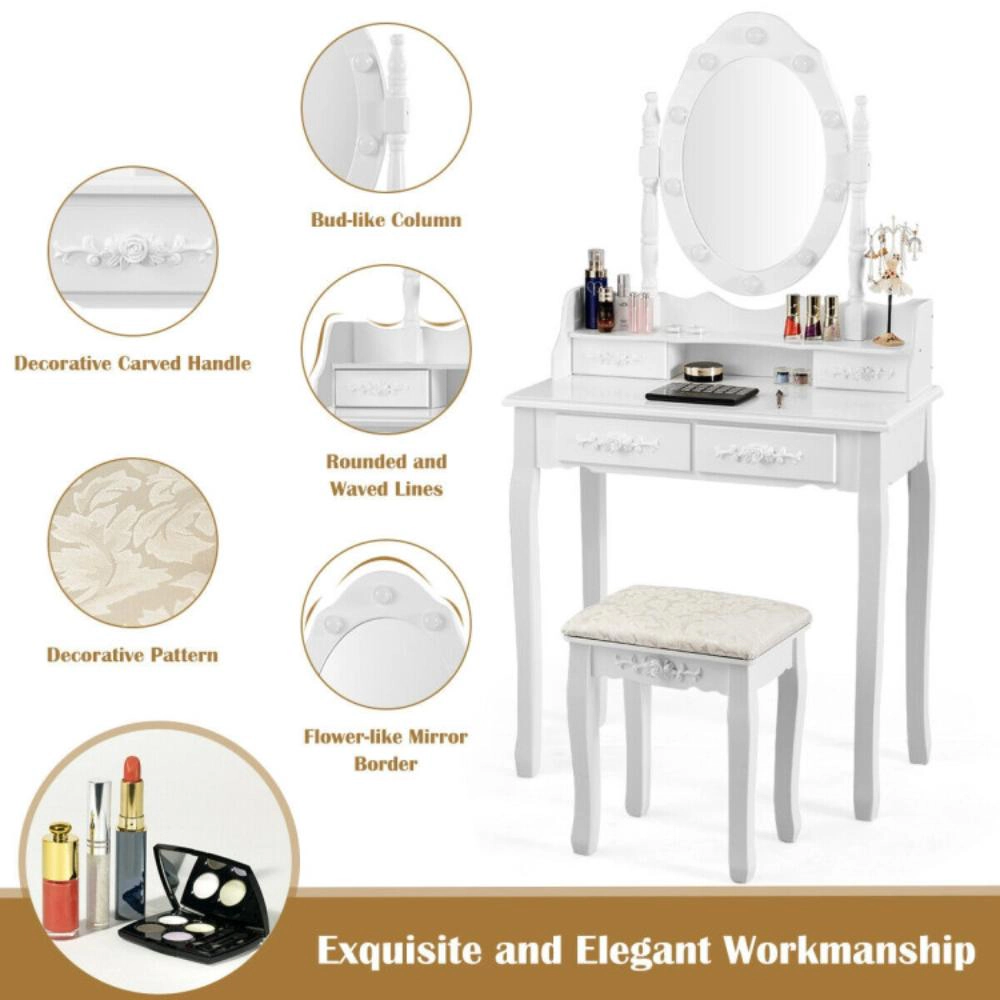 Hivvago Makeup Vanity Dressing Table Set With Dimmable Bulbs Cushioned Stool