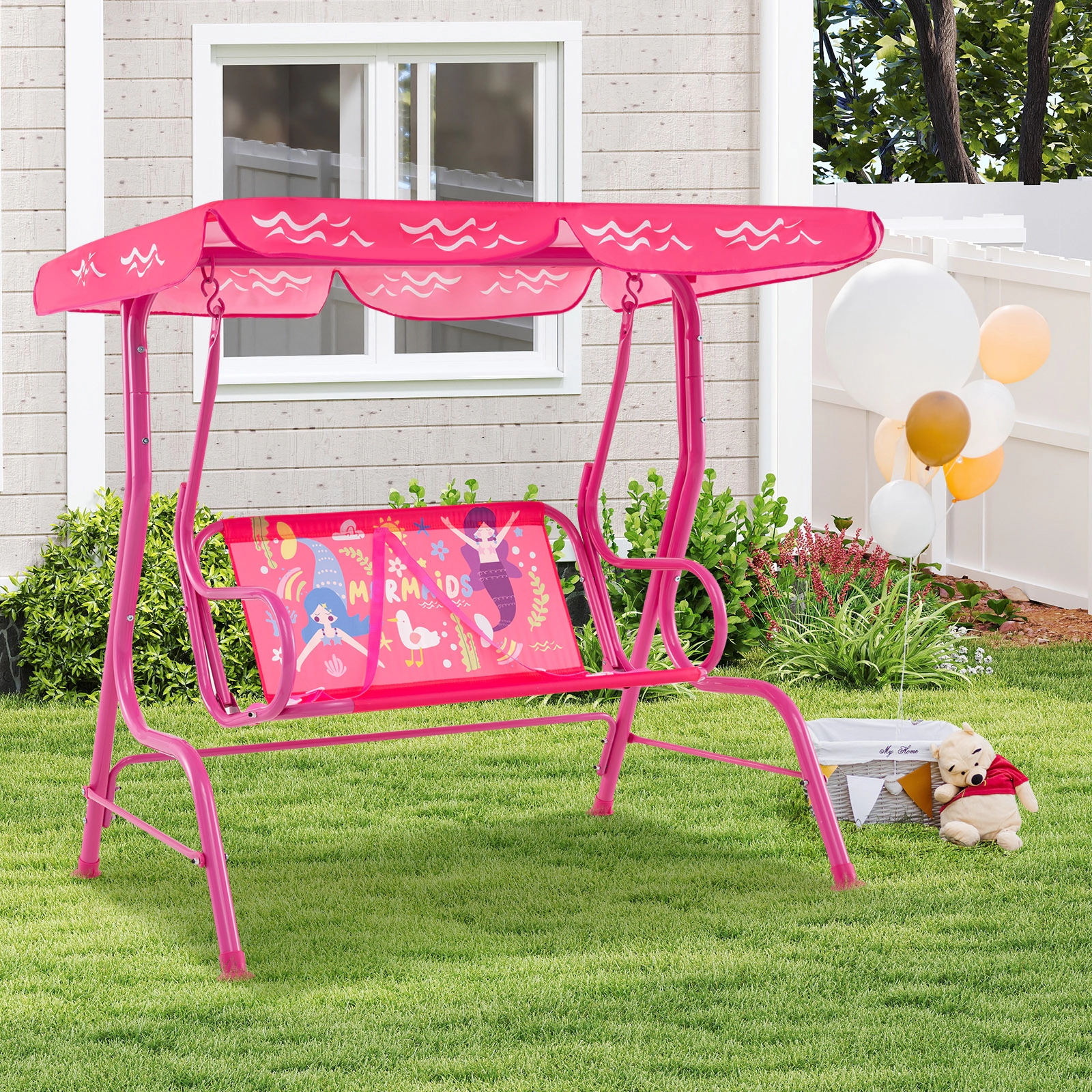 SUGIFT 2-Seat Kids Outdoor Swing with Metal Stand, Adjustable Canopy, Safety Belts, 180-lb Capacity, Pink
