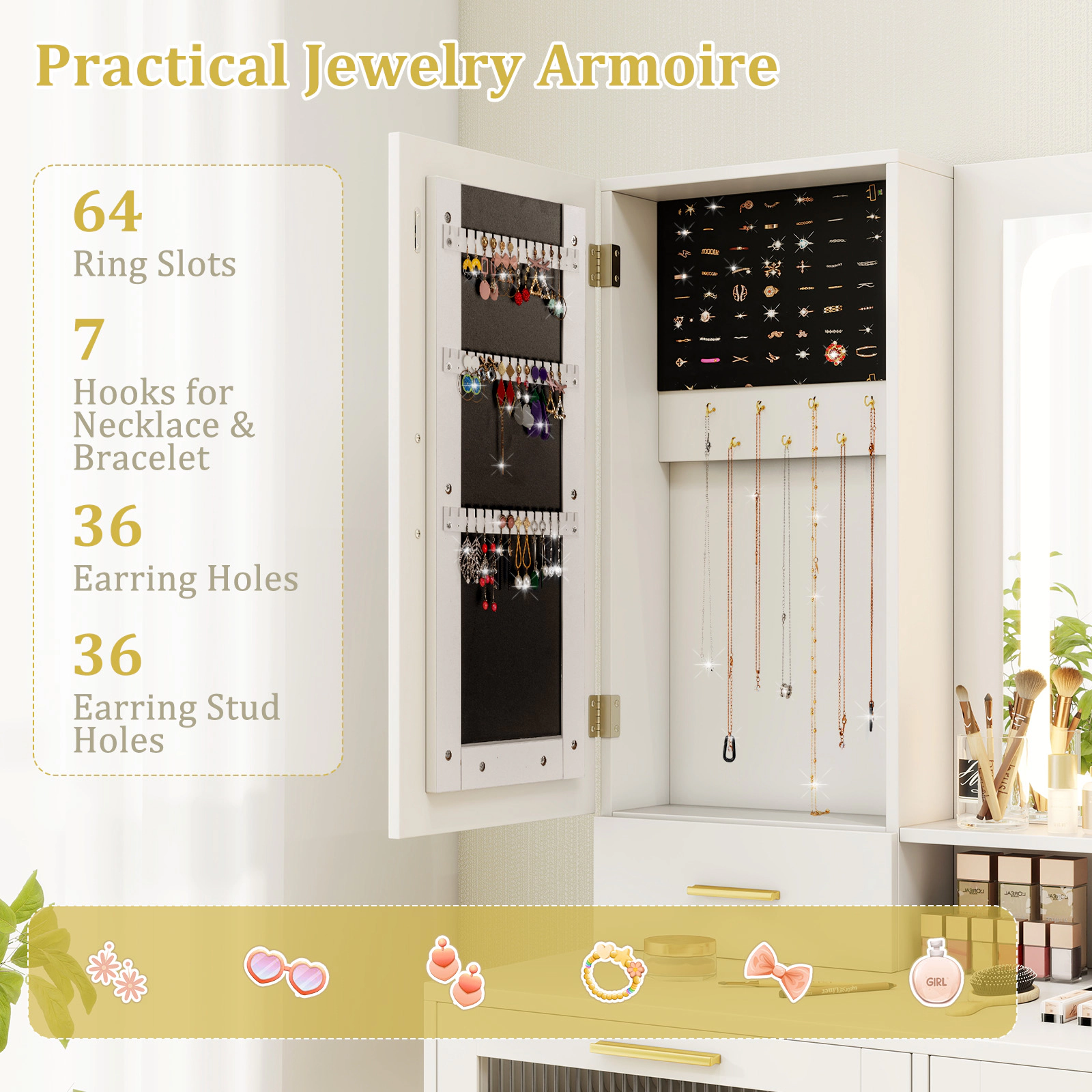 SUGIFT Makeup Vanity Desk and Stool Set with Lighted Mirror Jewelry Cabinet and Built-In Power Sockets