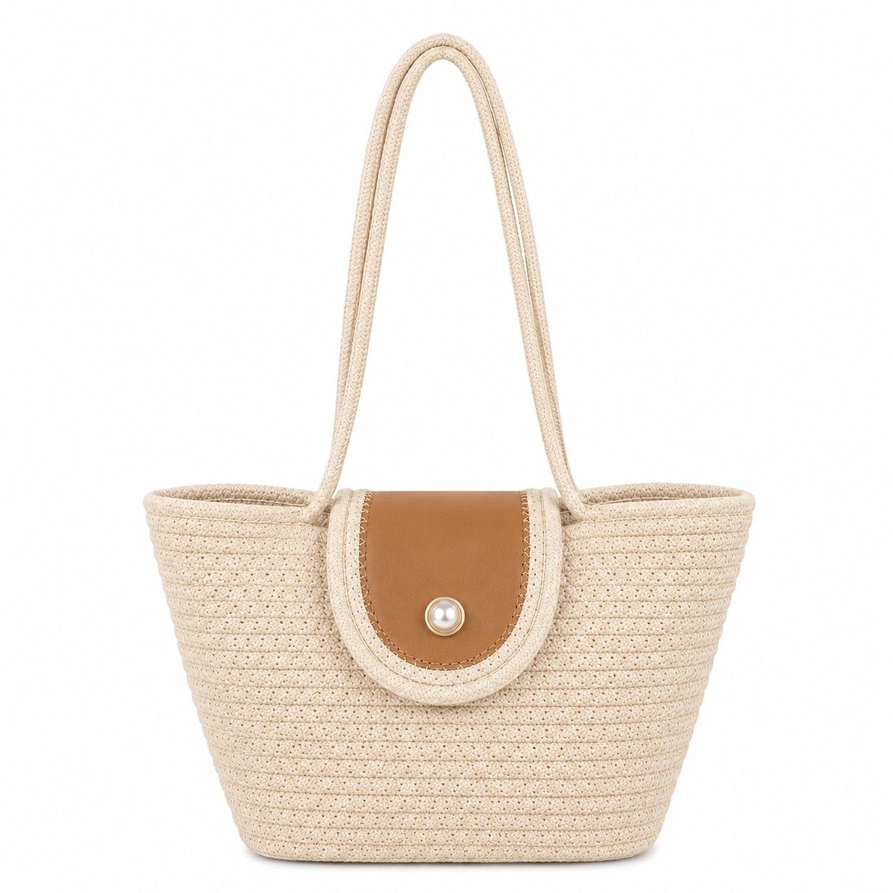 Alilang Women's Woven Rope Tote Bag with Flap Cover Pearl Button Large Capacity Shoulder Carryall, Beige