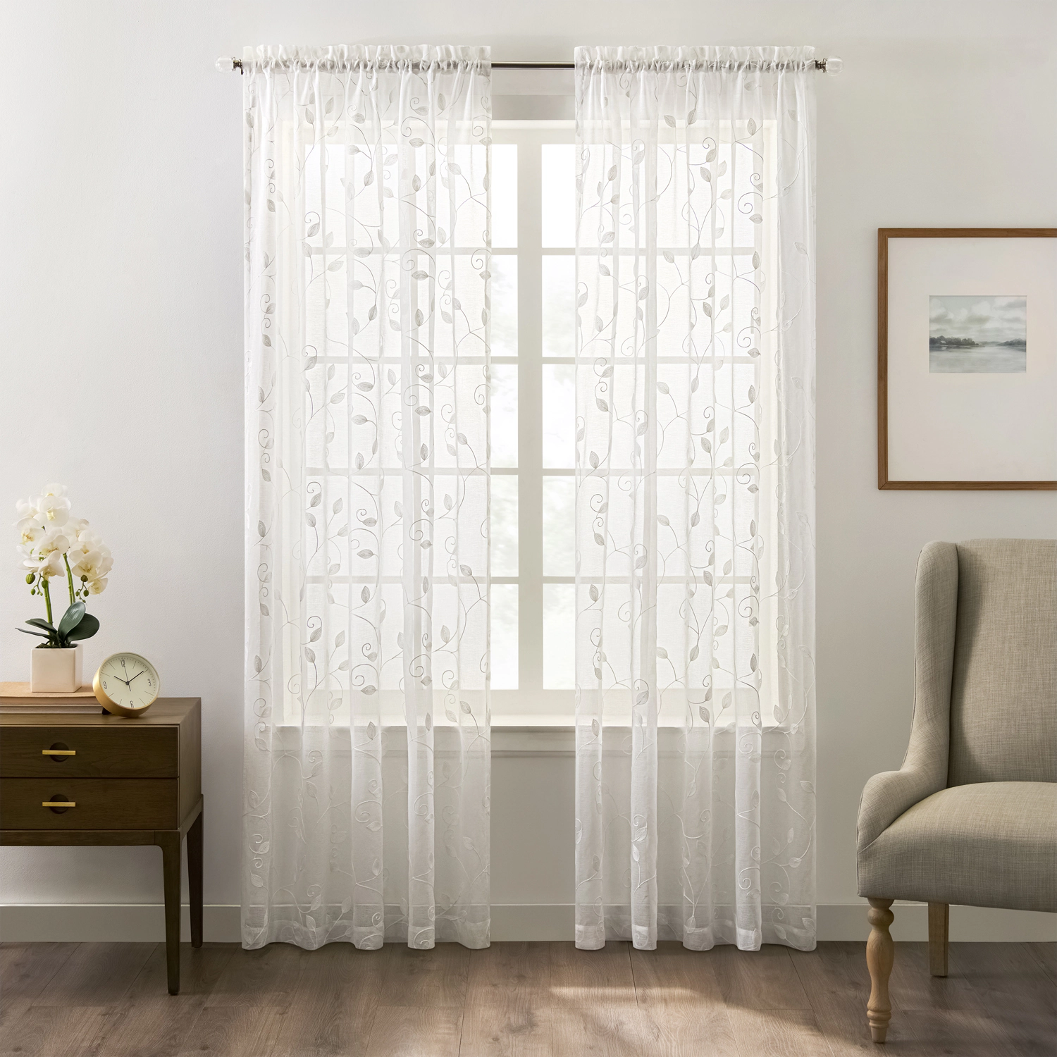 Ellis Curtain Chatham 100% Polyester Embroidered Sheer Rod Pocket Curtain Panel 52" x 63" White