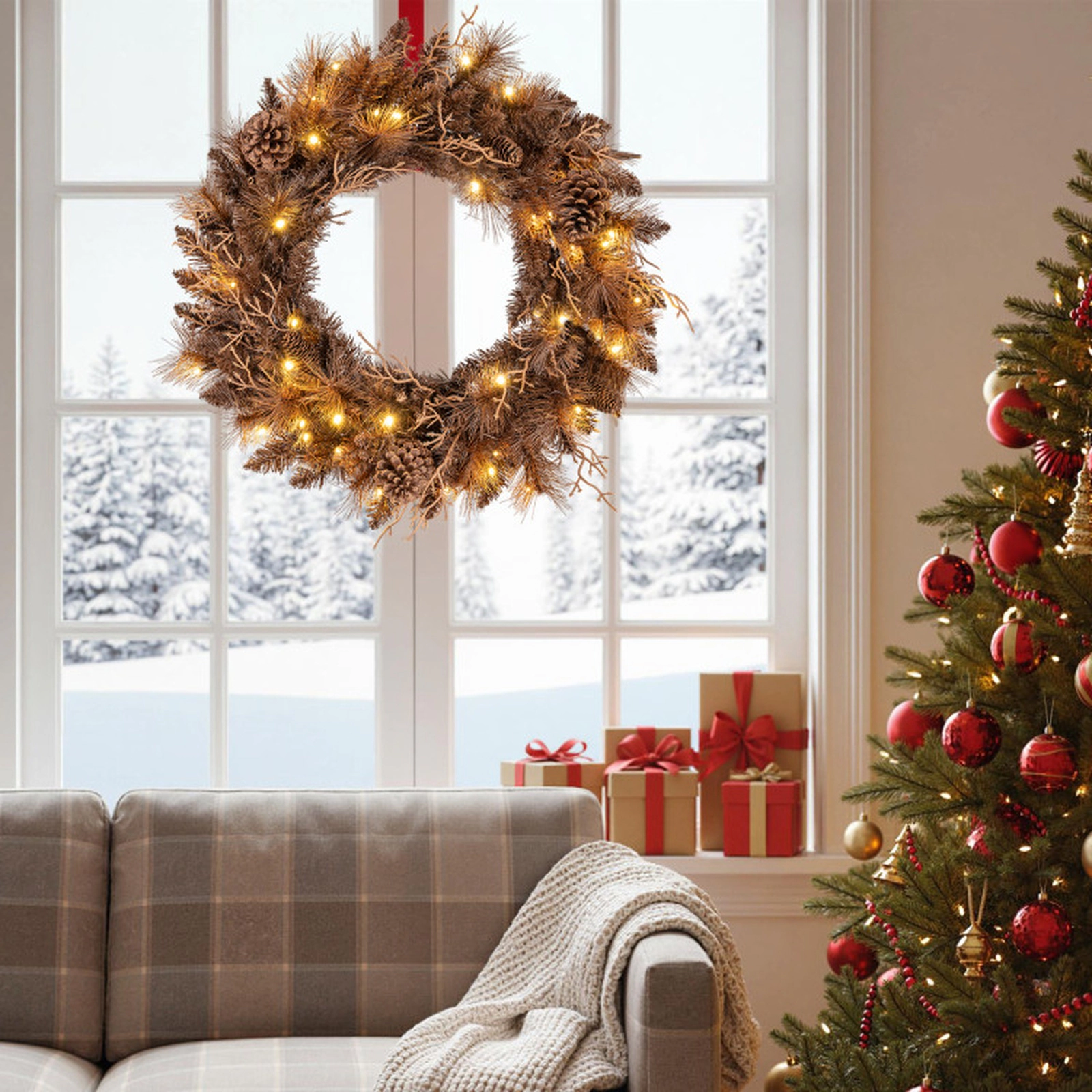 SUGIFT Brown 24-in Pre-Lit Christmas Wreath with 35 Warm White LED Lights 105 Branch Tips and 6 Pine Cones