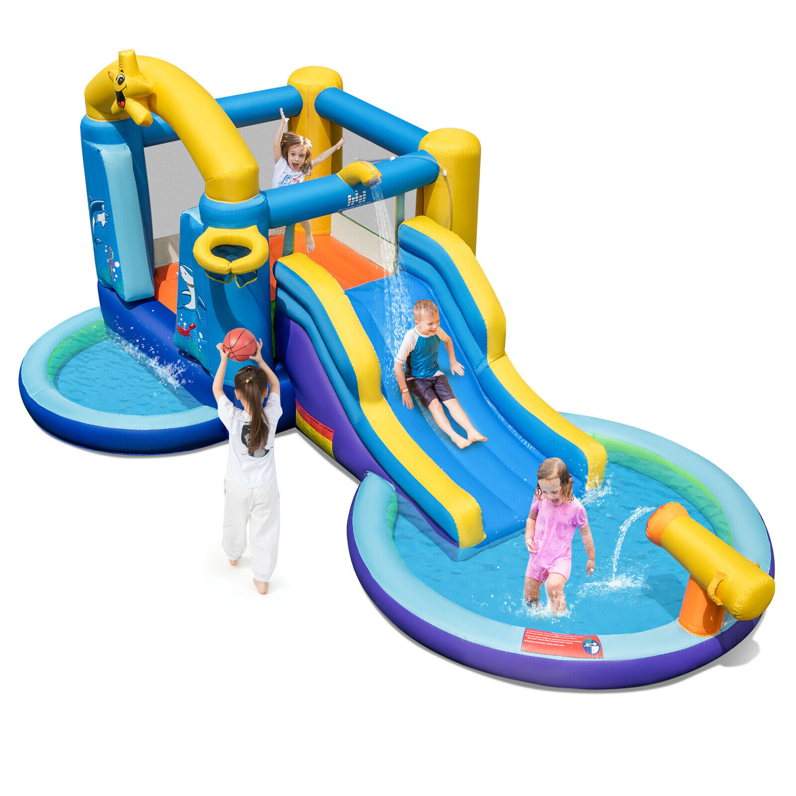 LJG Kids Inflatable Ocean-Themed Bounce House with 680W Blower and 2 Pools