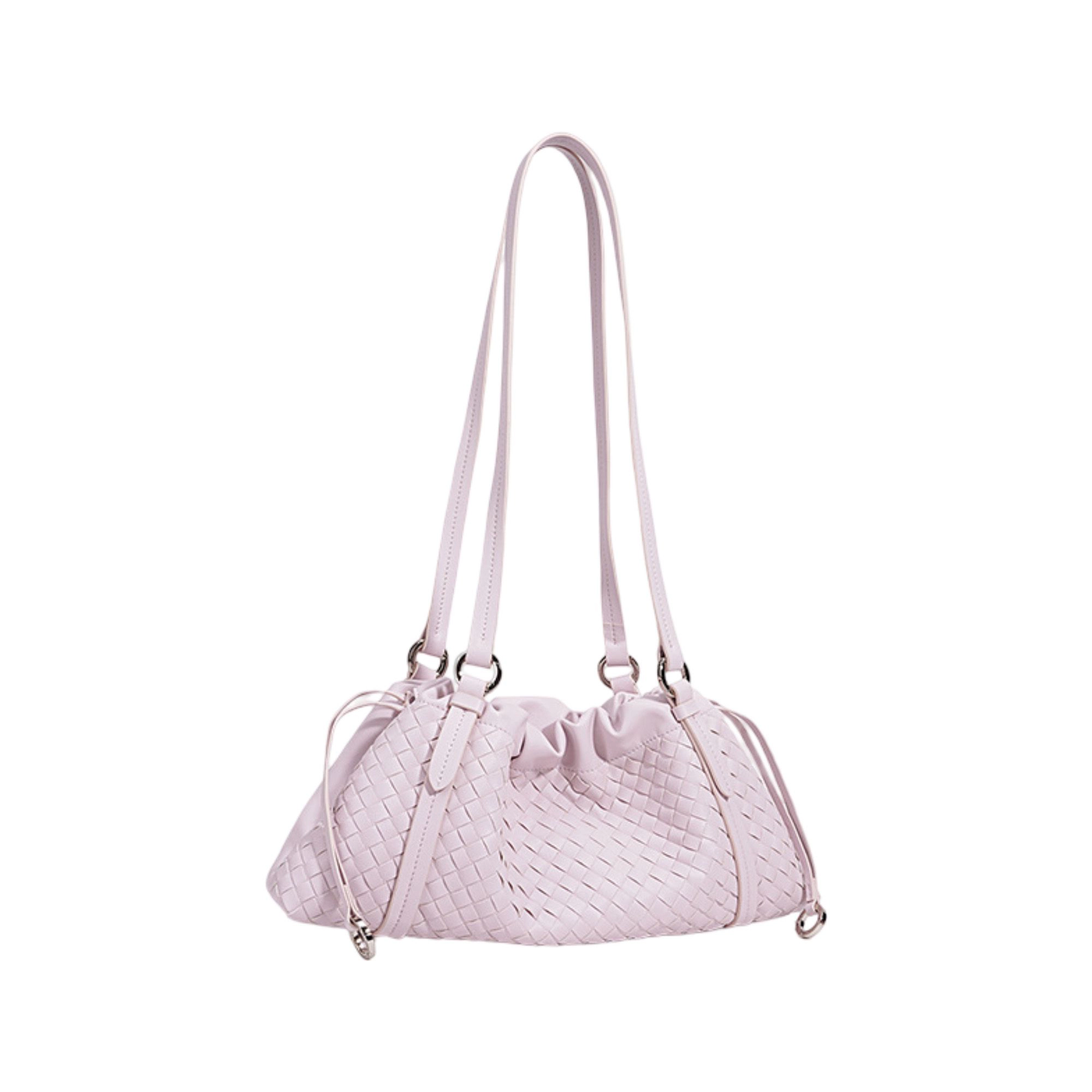 Alilang Women's Woven Leather Shoulder Satchel with Ruched Top Detail Long Straps and Slouchy Shape