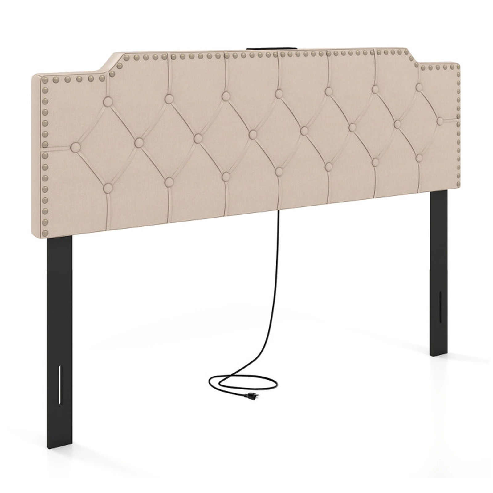 SUGIFT Rivet Tufted Upholstered Headboard with Outlets and USB for Full and Queen Beds Beige/Gray