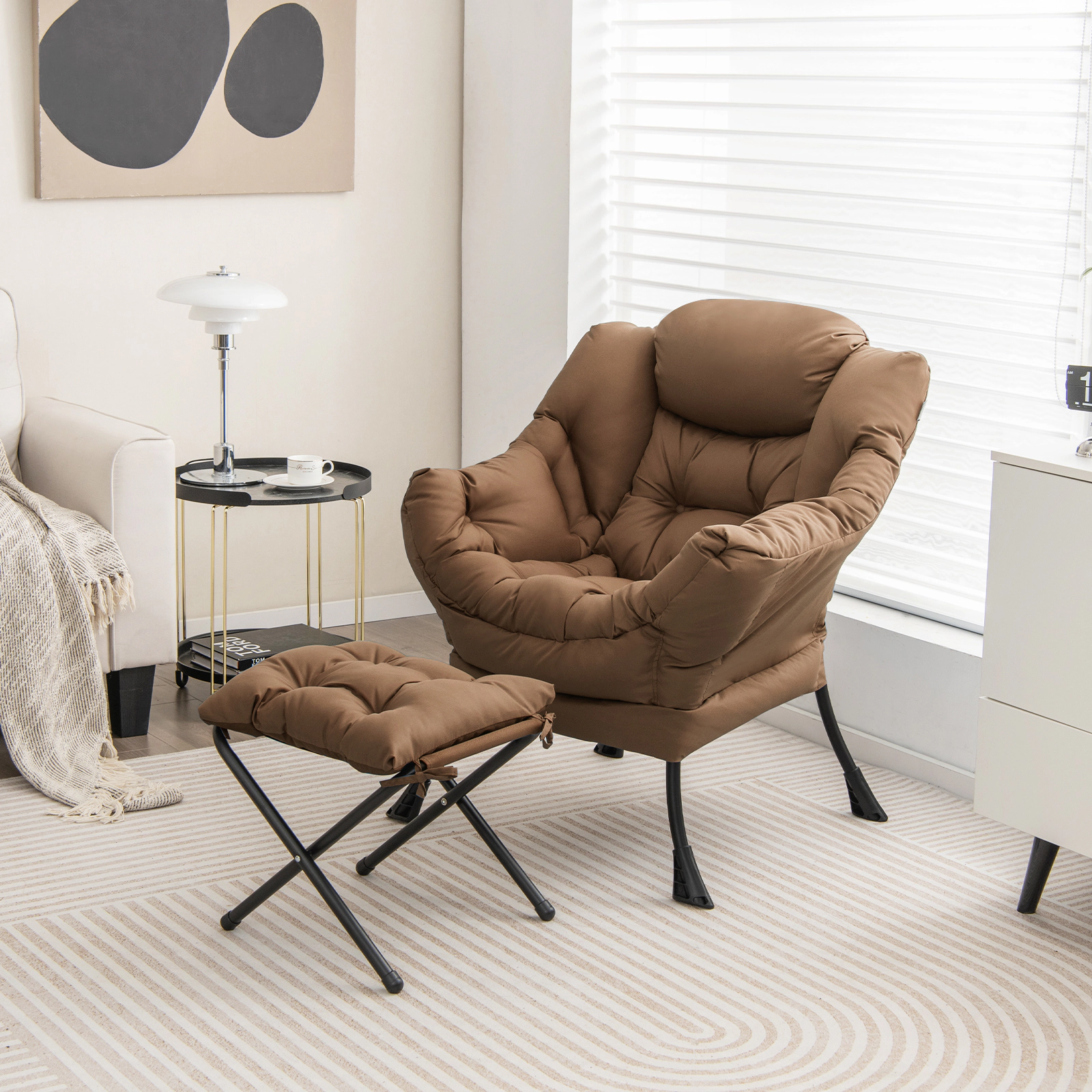 SUGIFT Modern Accent Sofa Chair with Folding Footrest and Side Pocket 330-lb Capacity 31.5-in Wide with Ottoman Brown