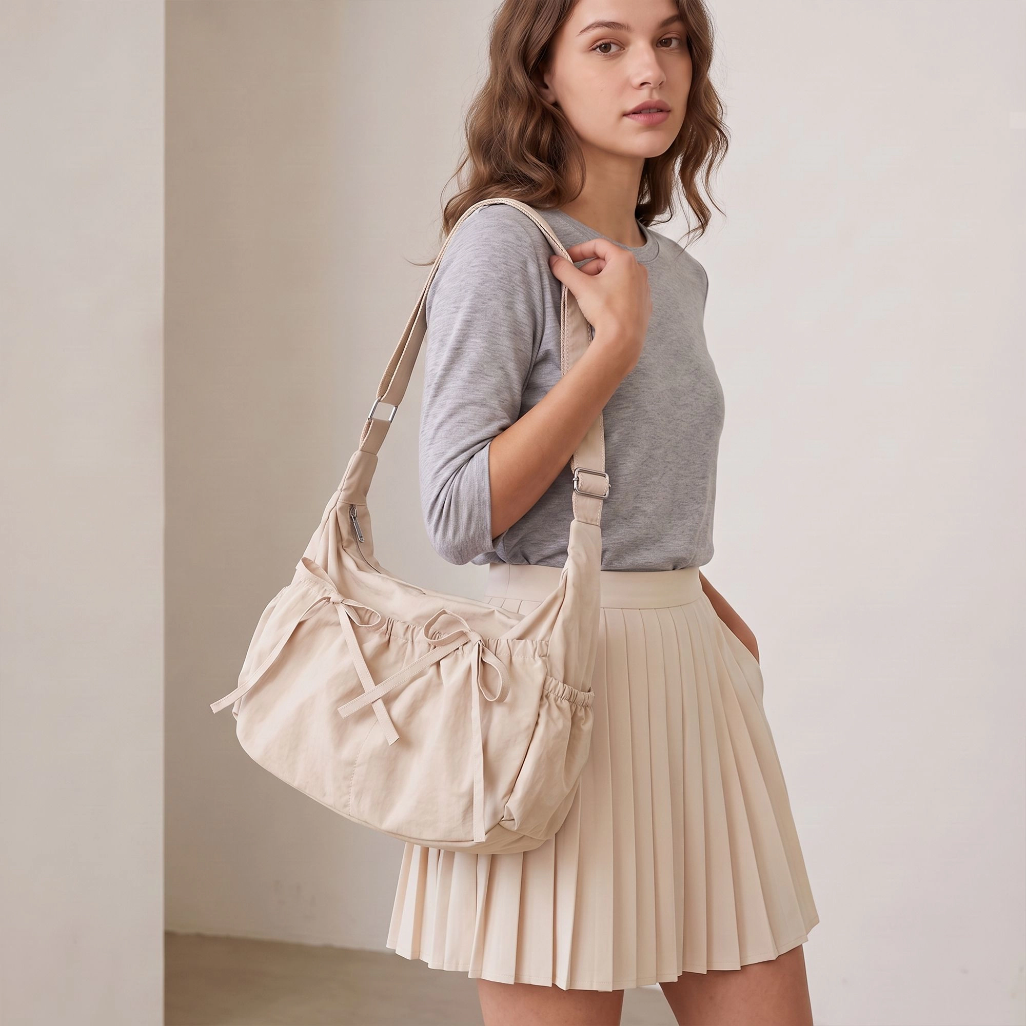 Alilang Women's Lightweight Bow Detail Hobo Shoulder Bag with Adjustable Strap and Multiple Pockets, Beige