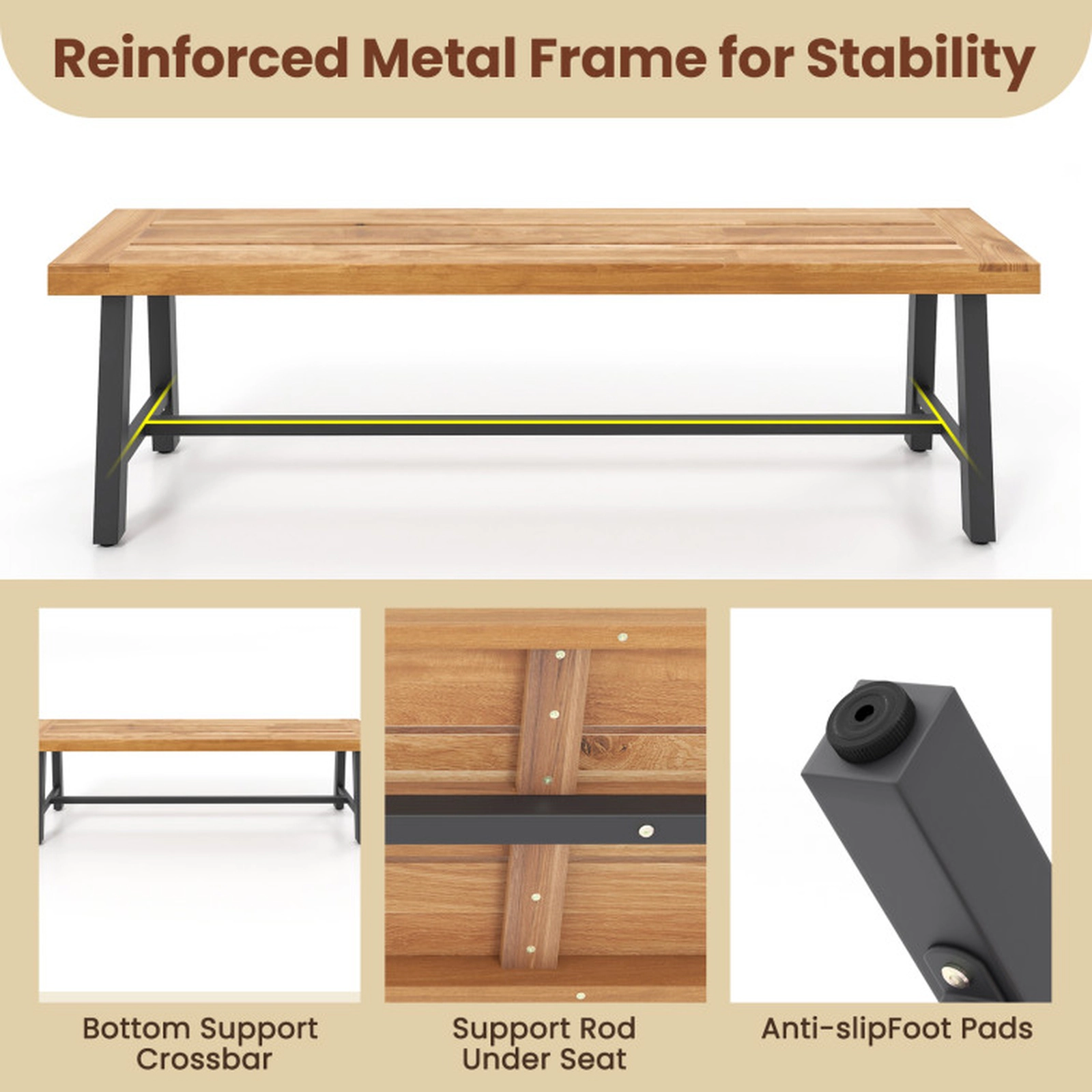 SUGIFT 63-Inch Natural Acacia Wood Outdoor Bench, 3-Seat Backless Design, 800-Lb Capacity