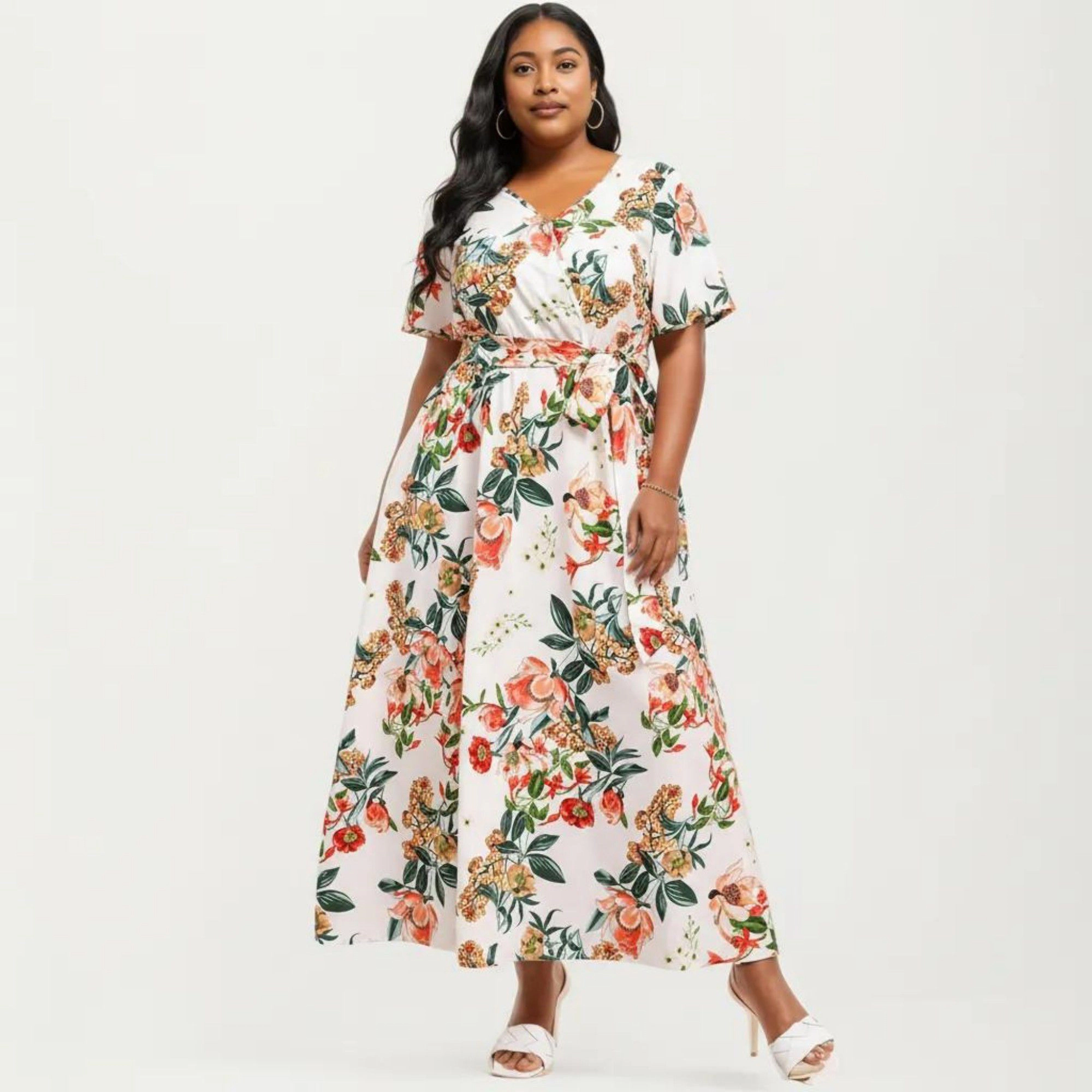 Anna-Kaci Women's Short Sleeve V Neck Floral Print Waist Tie Flowy A Line Long Maxi Dress
