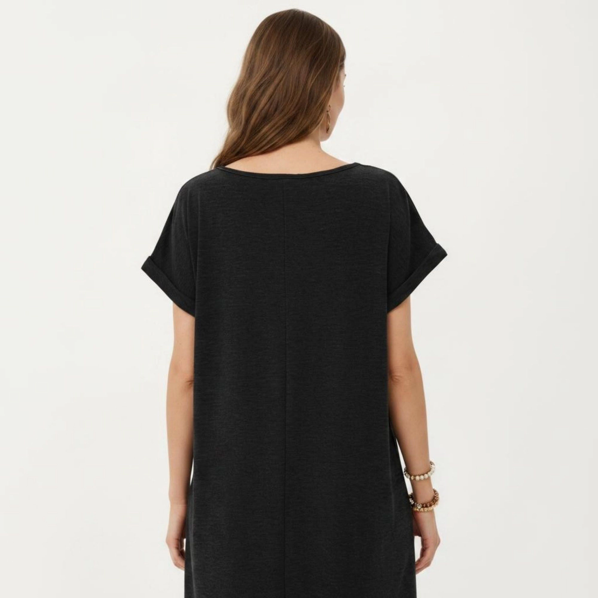 Anna-Kaci Women's Short Sleeve Split V Neck Embroidered Detail Relaxed Fit Casual Tunic Shift Dress