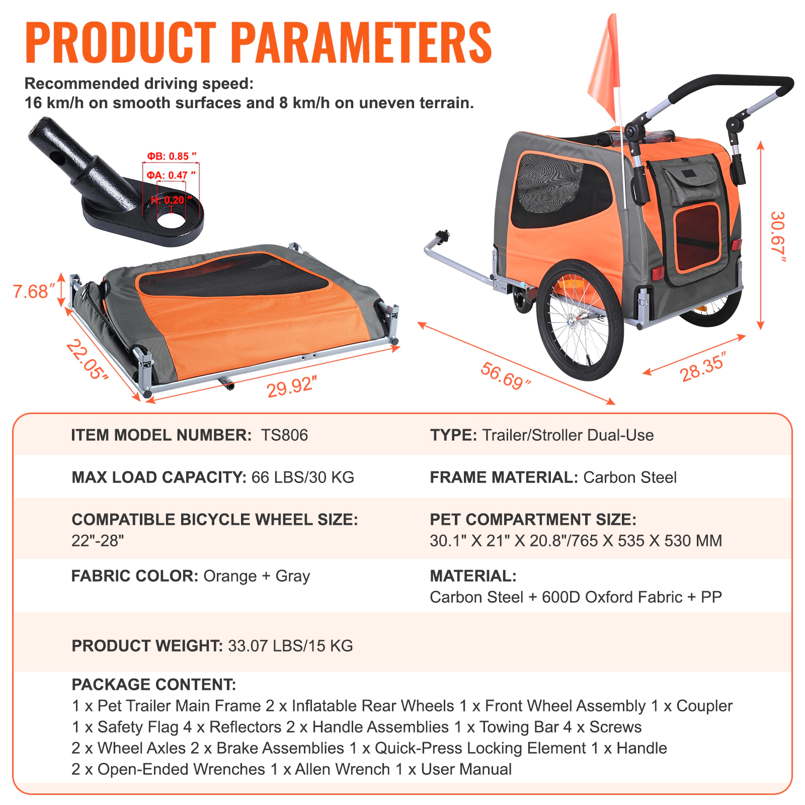 HONGGE 2-in-1 Dog Bike Trailer & Stroller, 66 lb Capacity, Adjustable Handle, Orange/Gray