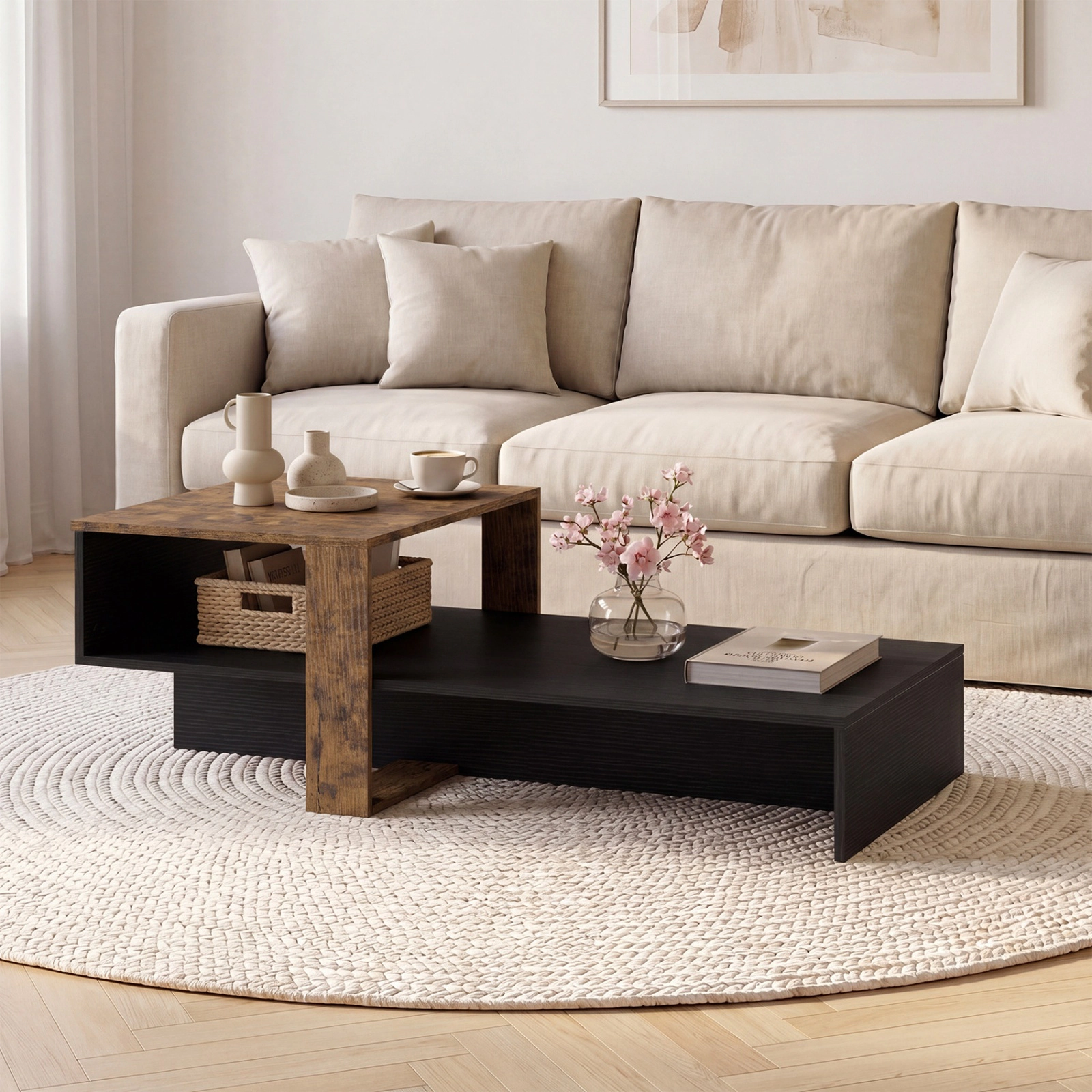 SUGIFT 39.5-in 2-Tier 66-lb Capacity Low Profile Irregular Geometric Coffee Table with Open Storage Shelf