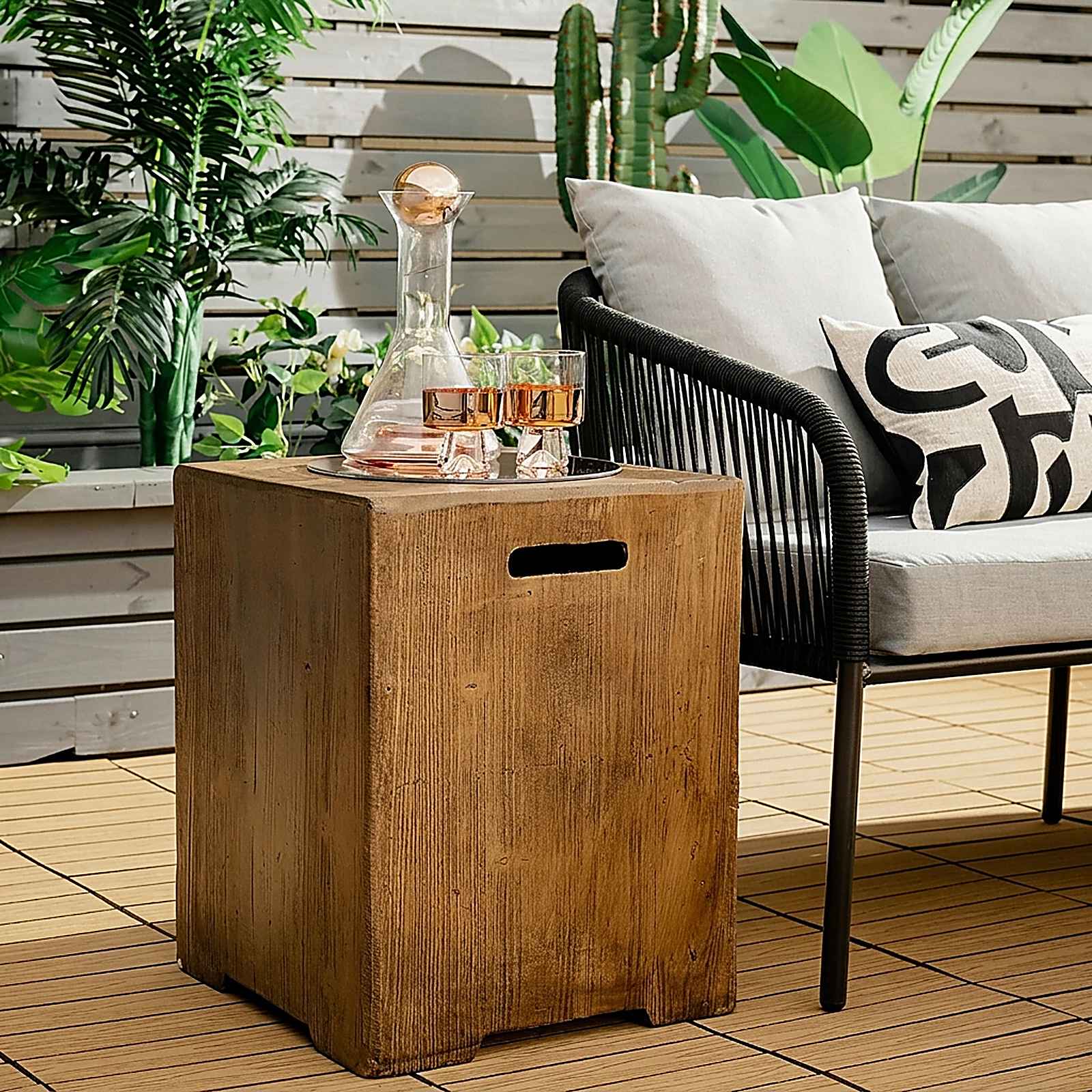 SUGIFT 16 Inch Outdoor Hideaway Side Table Brown for Standard 20 LBS Propane Tank