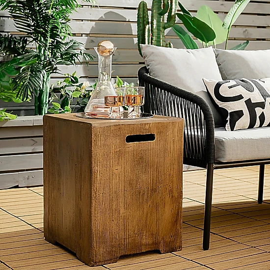 SUGIFT Brown Outdoor Hideaway Side Table with Hidden Storage for 20 lbs Propane Tank 16-in W 16-in D 21-in H