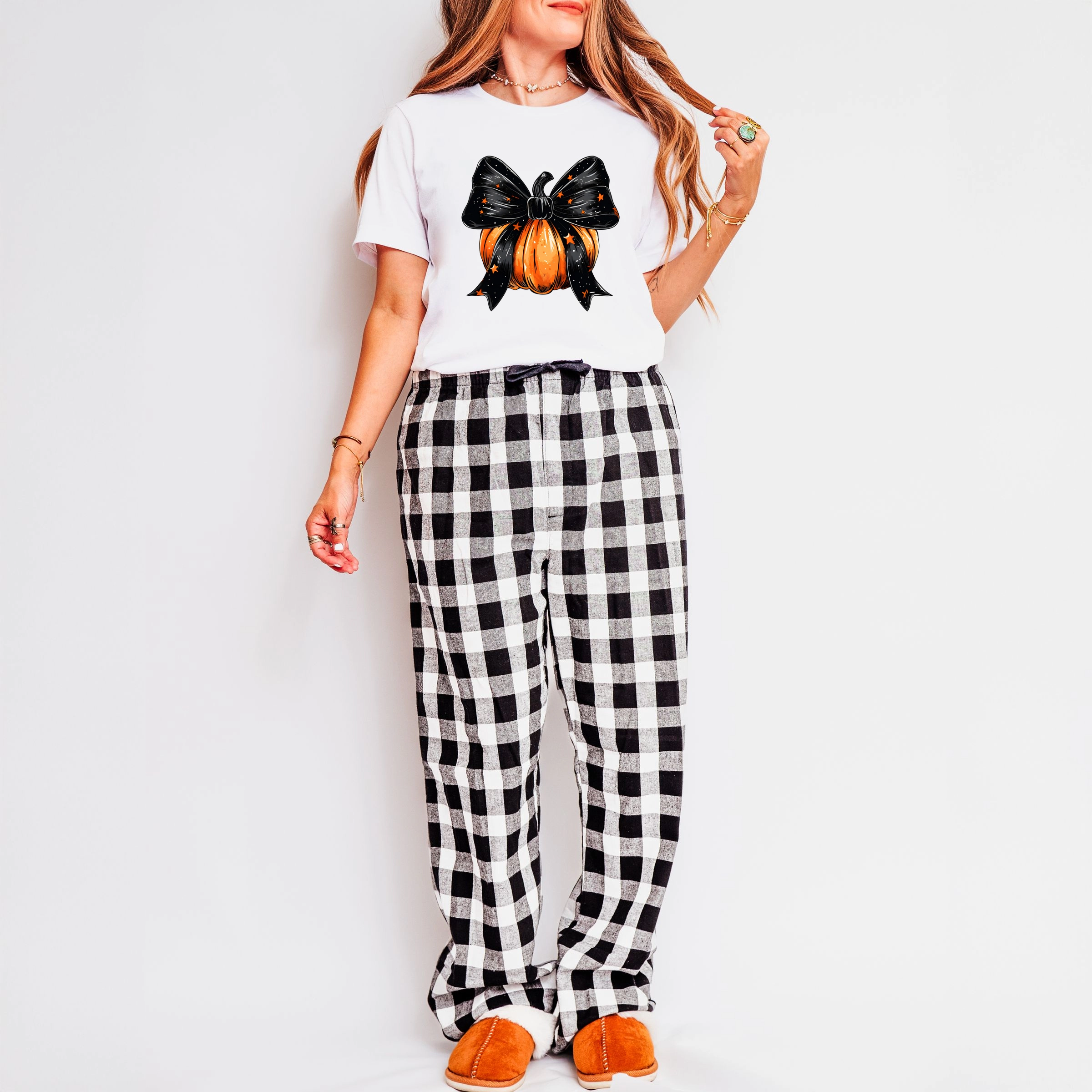Simply Sage Market - Women's Plaid Pants and Tee Coquette Halloween Pumpkin