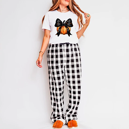 Simply Sage Market - Women's Plaid Pants and Tee - Coquette Halloween Pumpkin