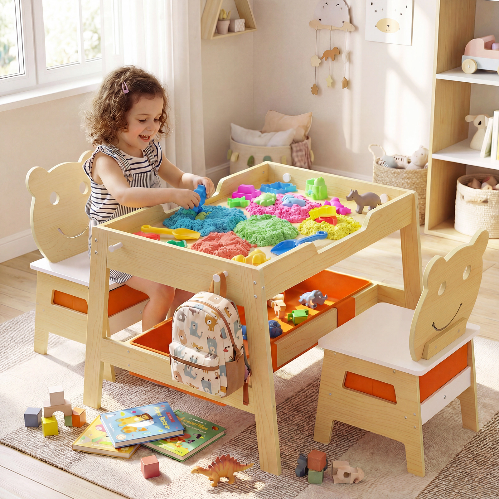 SUGIFT 5-in-1 Toddler Art Table & Chair Set Reversible Chalkboard Whiteboard 110-lb Tabletop Capacity Ages 3-10 Natural
