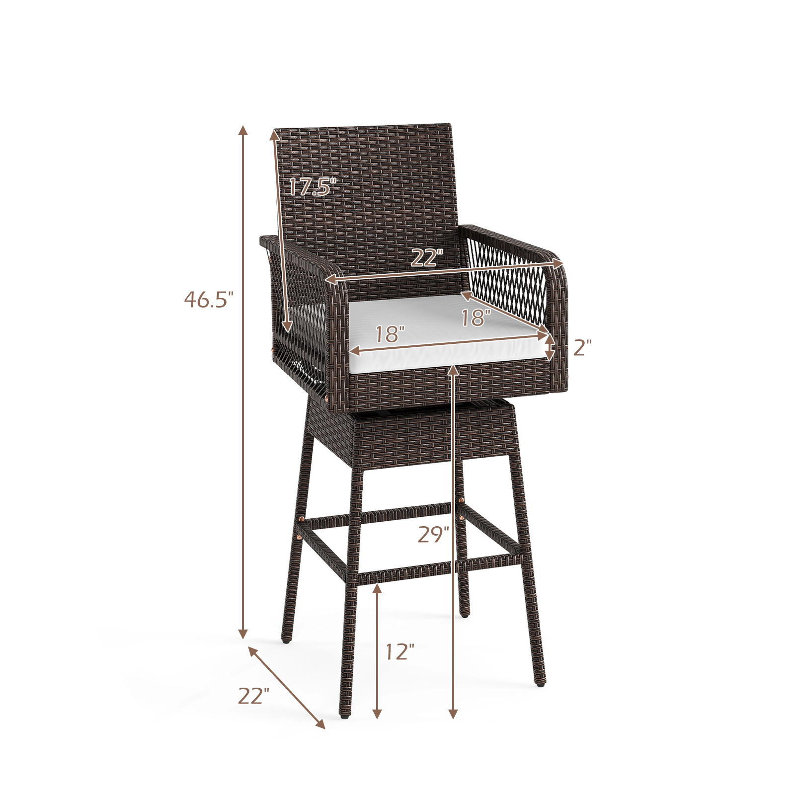 LJG 29 Inches Patio 360° Swivel Bar Stool with Cross-Woven Armrests and Seat Cushion