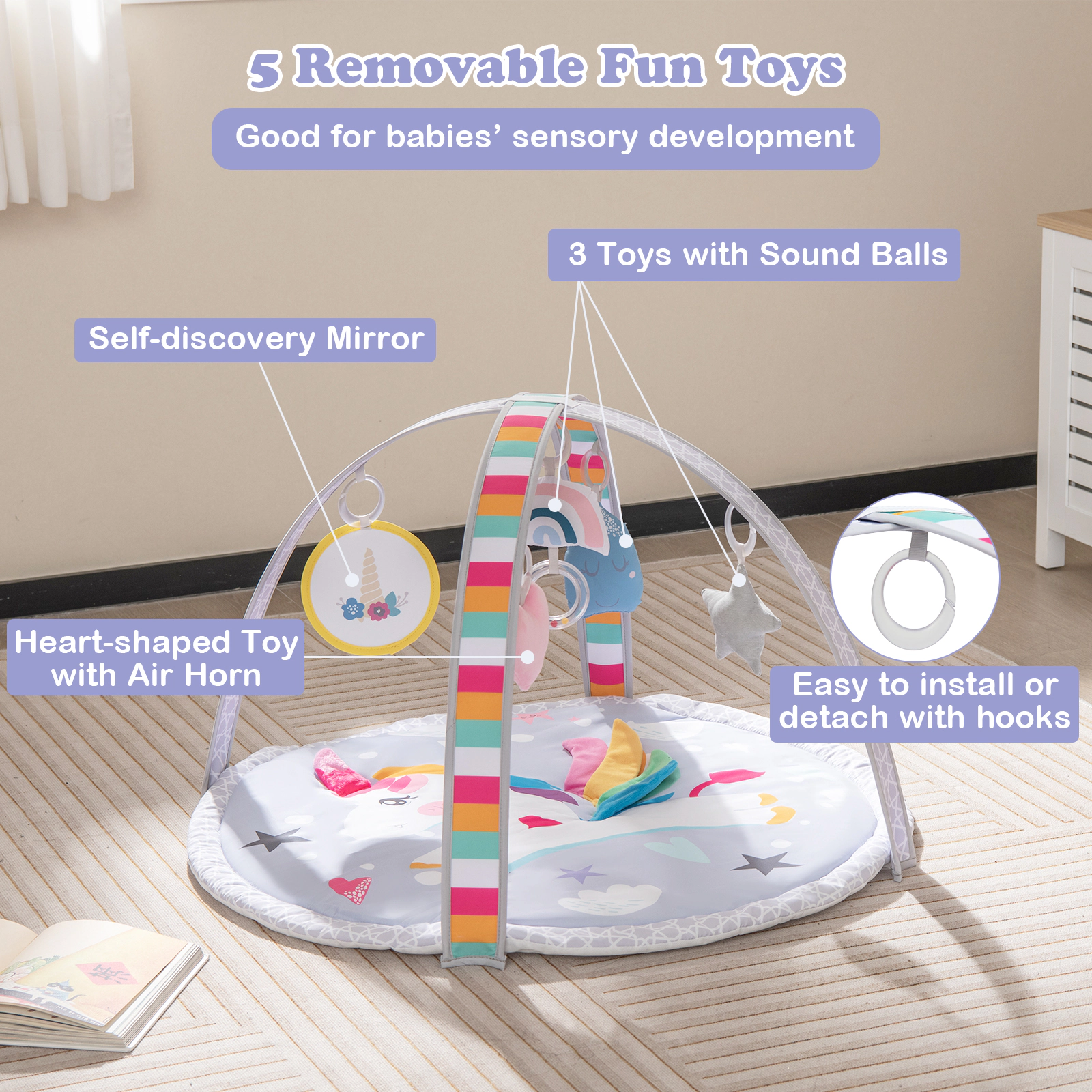 SUGIFT 7-in-1 Baby Play Gym Tummy Time Activity Mat with 5 Detachable Toys Ages 0-12 Months Multicolor