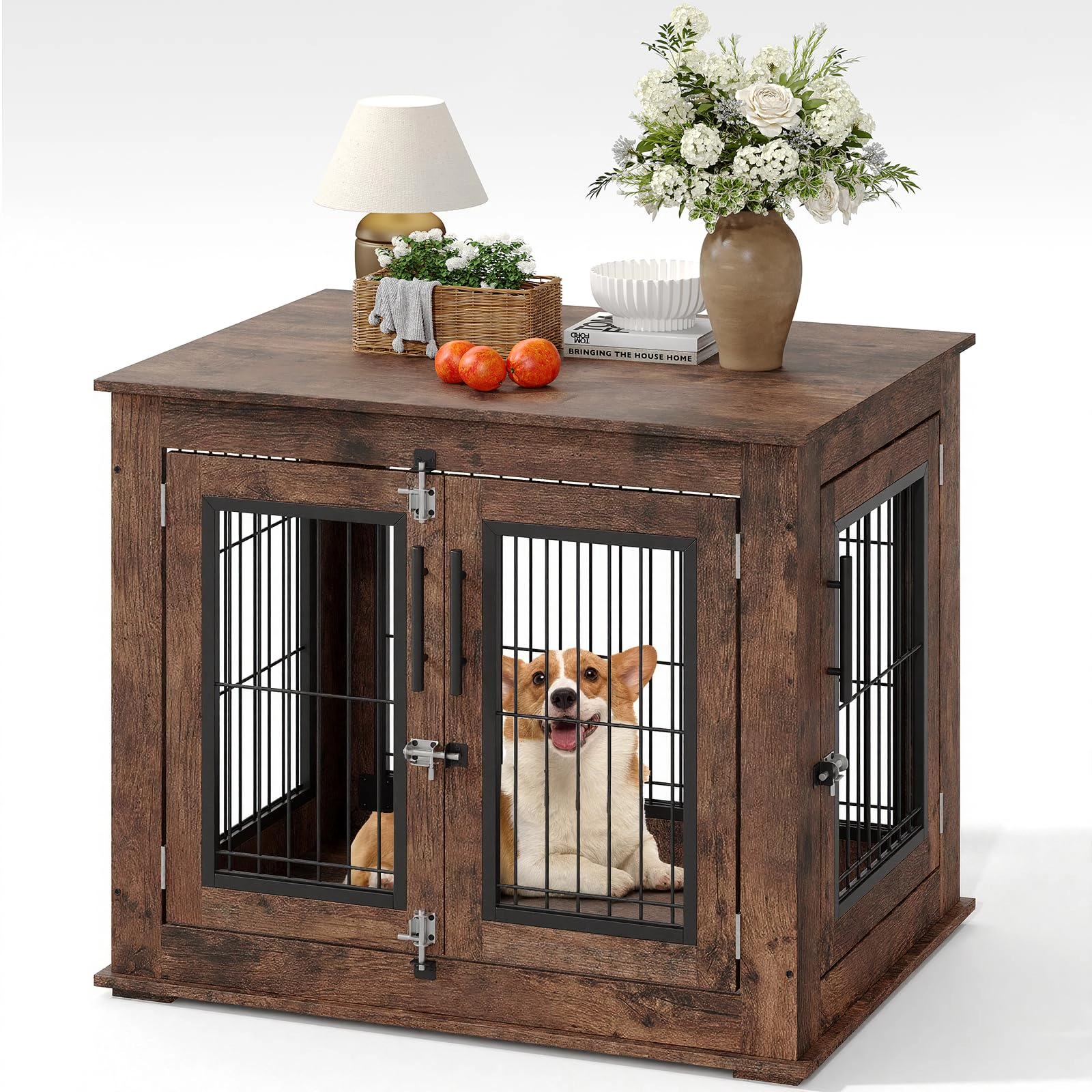 31.5" Wooden Dog Crate Furniture, Heavy Duty Chew-Resistant Indoor Kennel, Decorative End Table for Small/Medium Dogs