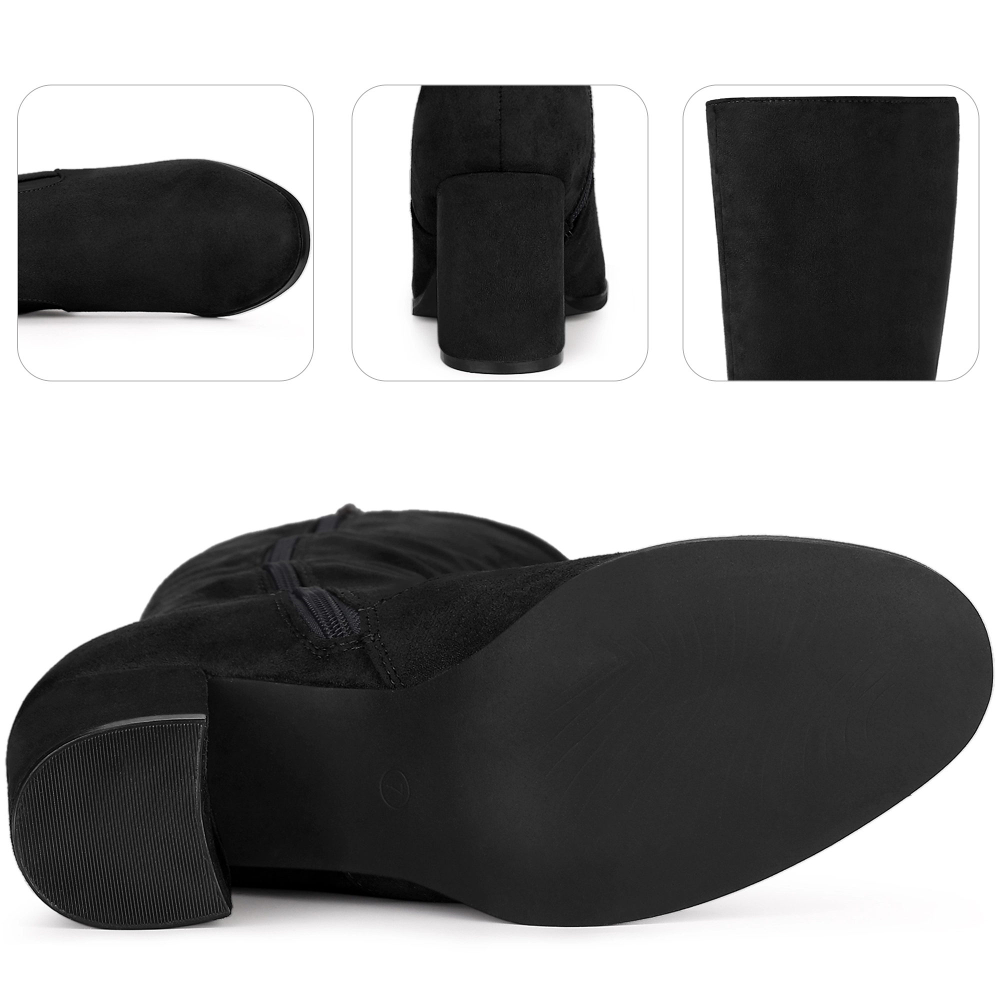 BLISSFUL STEP Women Faux Suede Round Toe Chunky Heel Knee High Side Zipper Boots