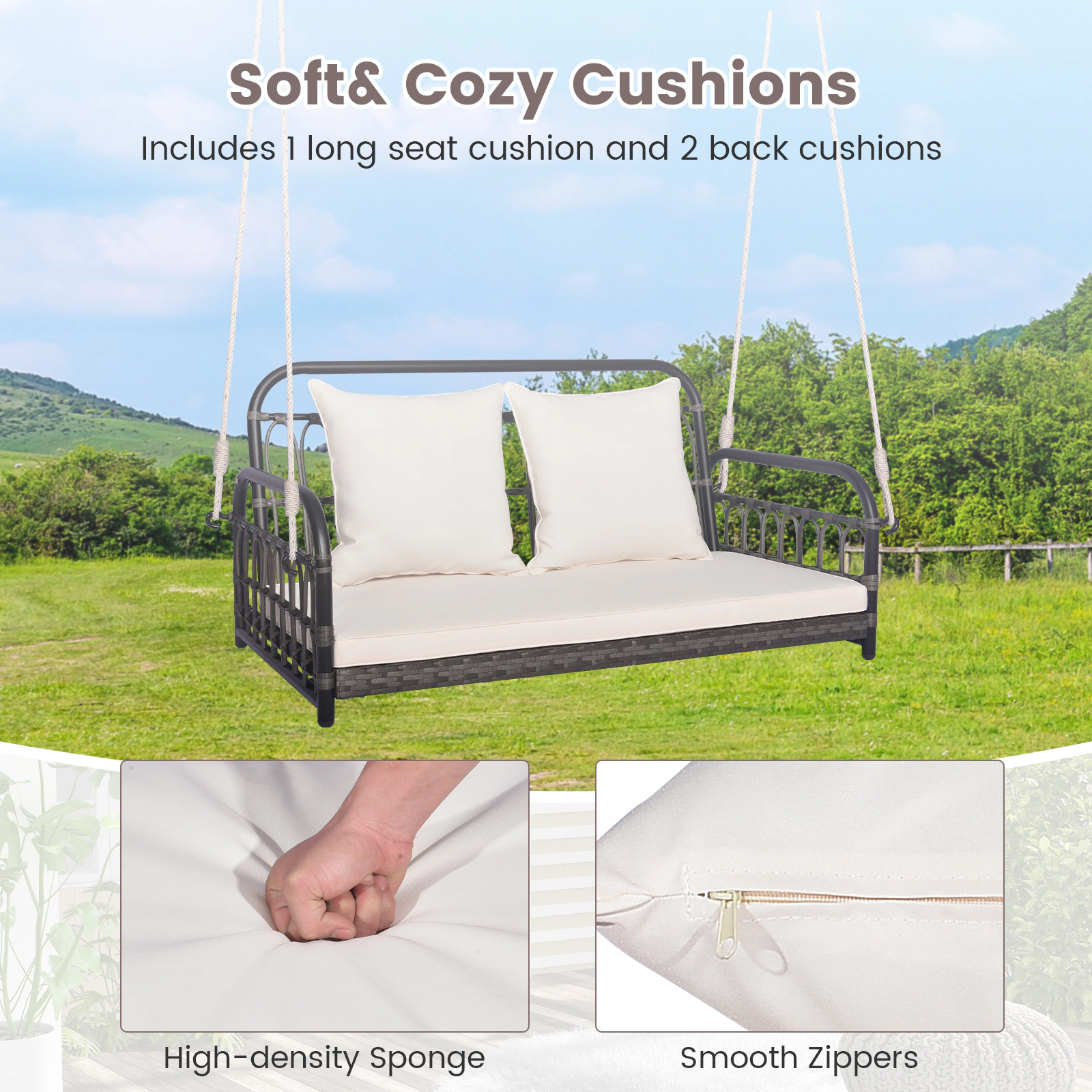 SUGIFT 2-Person Outdoor Hanging Swing Chair with Cushions 880-lb Capacity Mix Gray Frame Off White Cushions