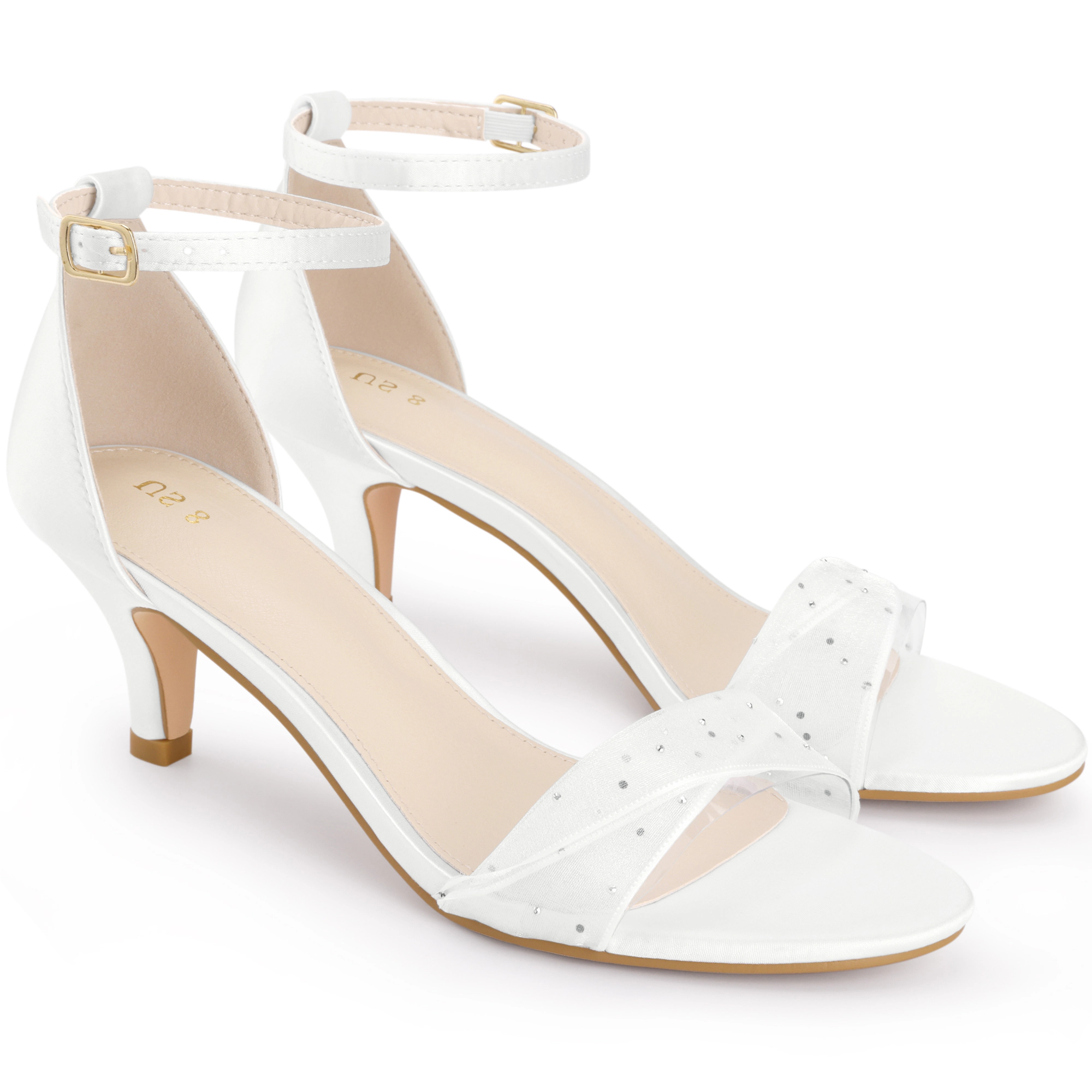 BLISSFUL STEP Women's Rhinestone Mesh Ankle Strap Kitten Heel Party Sandals