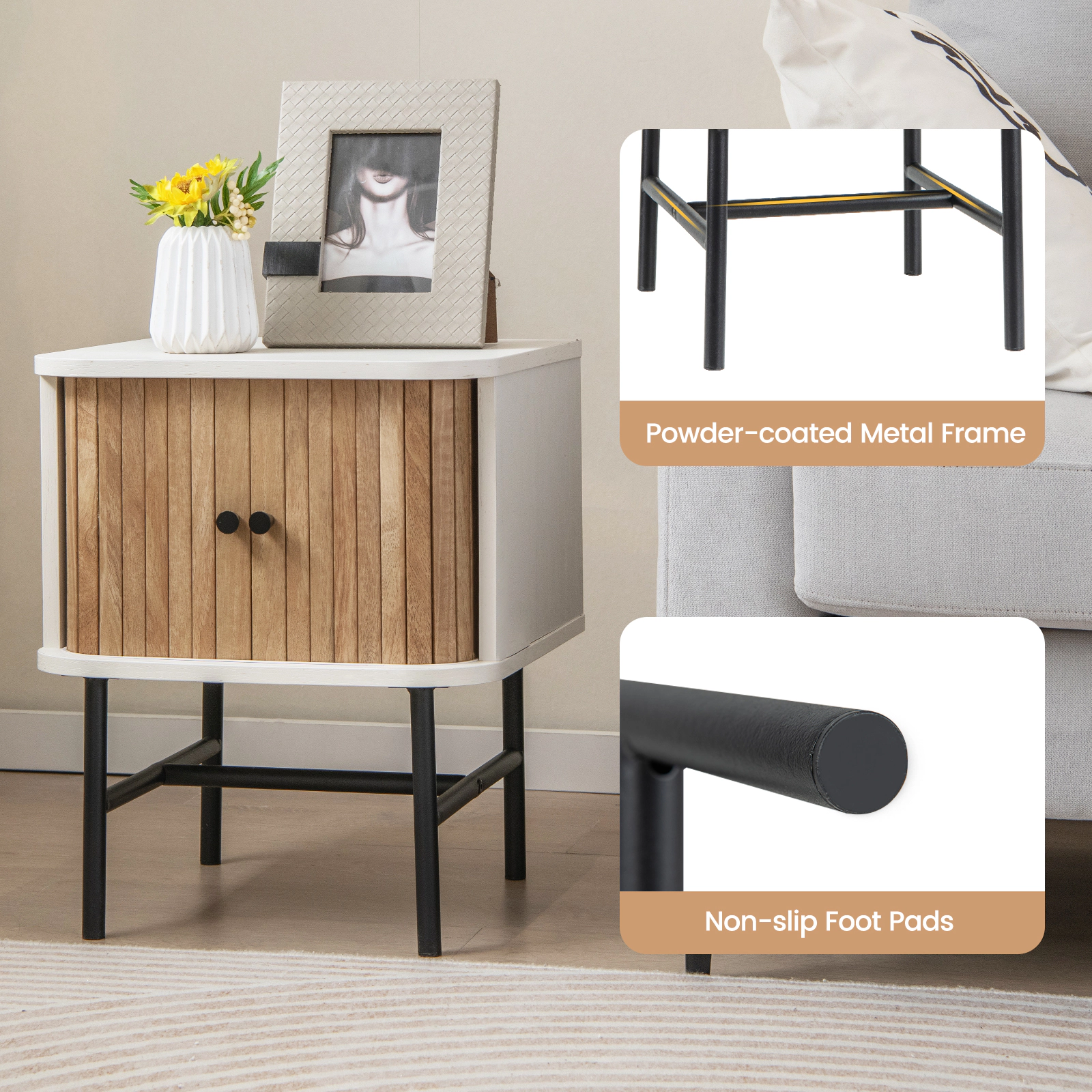 Glintex Mid-Century Nightstand with Sliding Cabinet Doors and Metal Rail, White