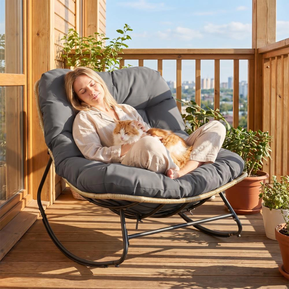 Hivvago Outdoor Papasan Rocking Chair With Thick Cushioned Seat For Patio