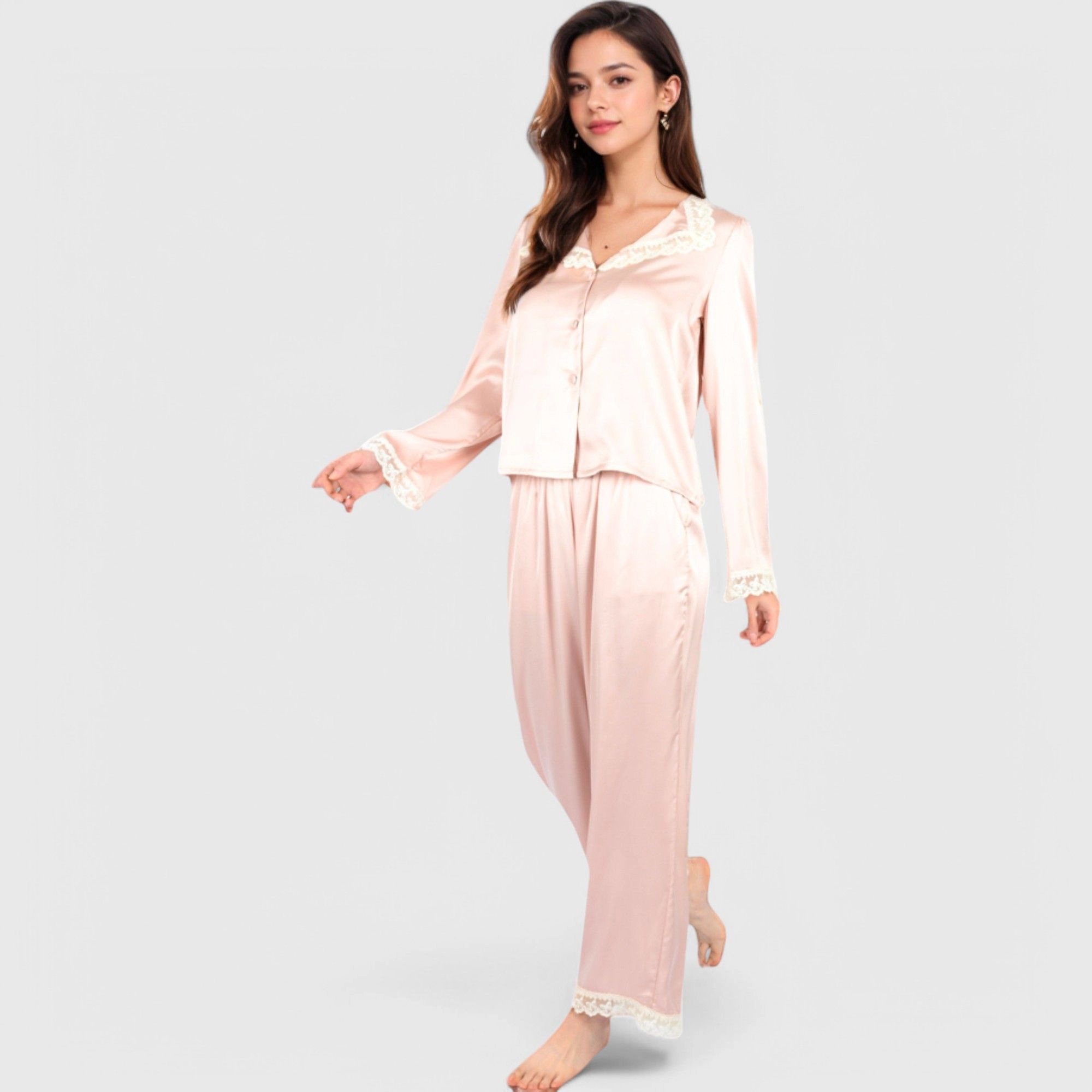 Anna-Kaci Women's Satin Pajama Set with Lace Trim and Button Up Long Sleeve Top