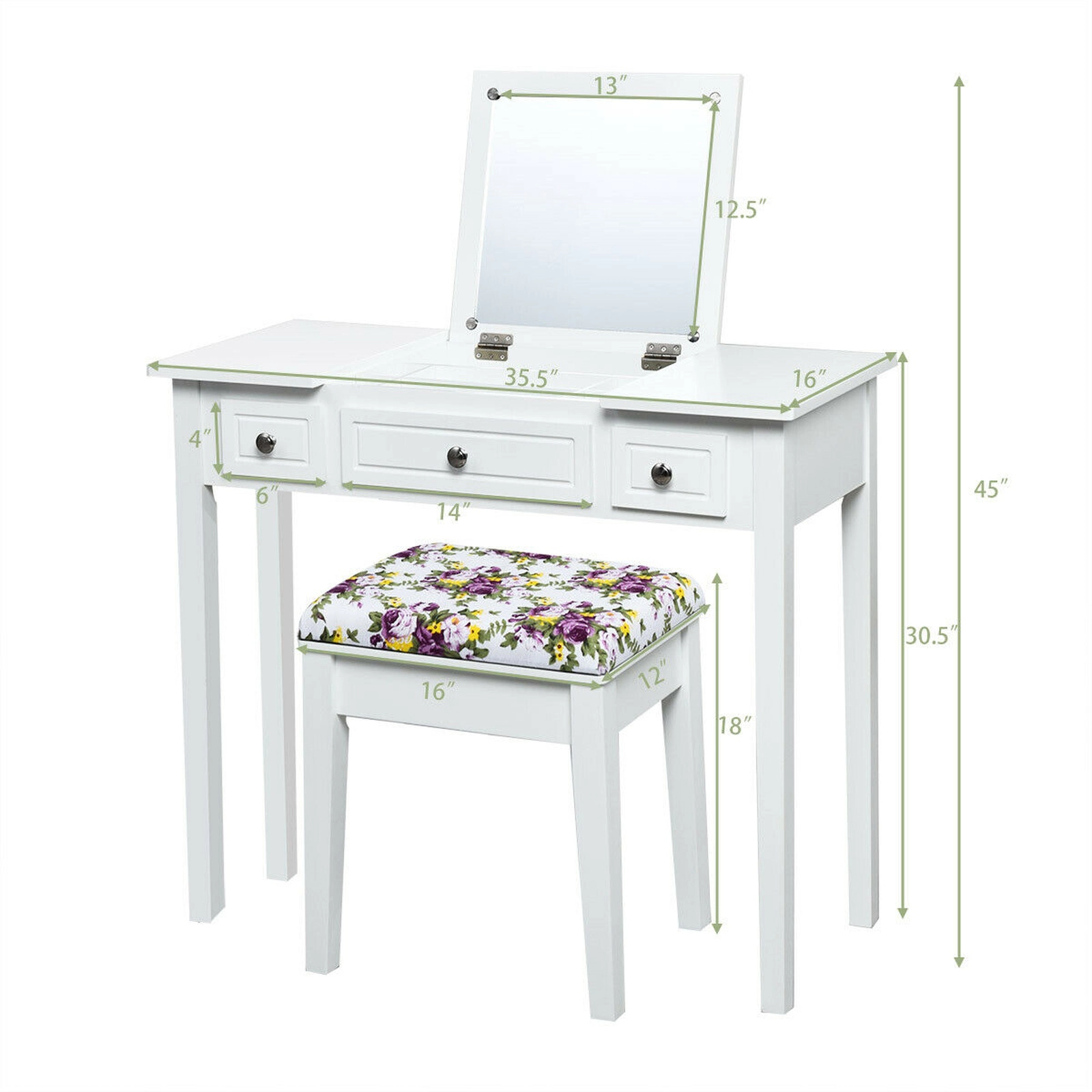 SUGIFT Flip Top Mirror Vanity Dressing Table Set with Stool 290-lb Table Capacity 250-lb Stool Capacity White