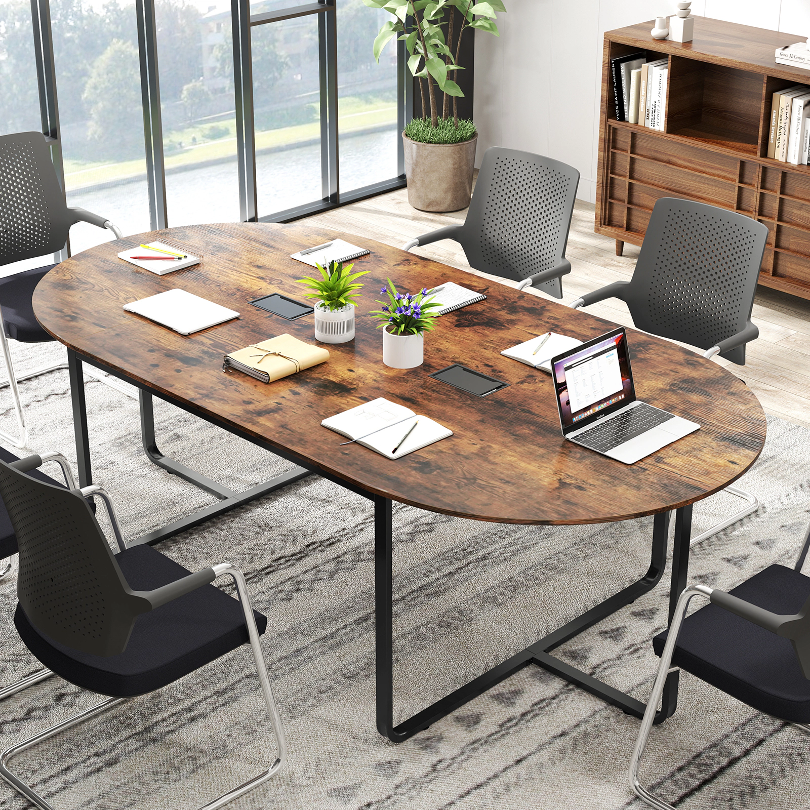 SUGIFT 95-in Oval Conference Executive Desk Table with Dual Cable Holes 265-lb Capacity Rustic Brown & Black 1-Piece