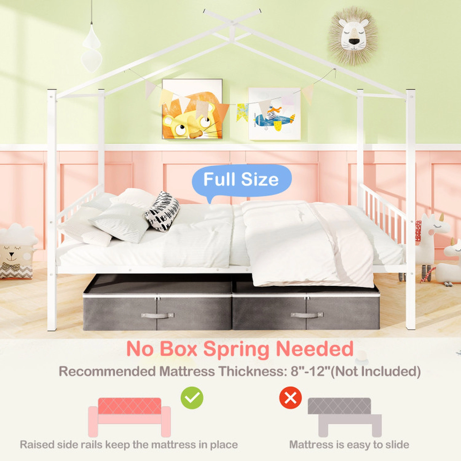SUGIFT Full Size Metal House Bed Frame with 12 Metal Slats and 2 Fabric Drawers 660-lb Capacity Toddler Bed White/Black