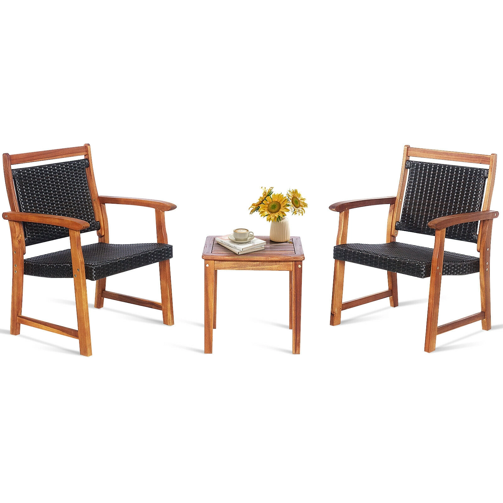 SUGIFT 3-Piece Reddish Brown Rattan Bistro Set with Acacia Wood Chairs and Side Table